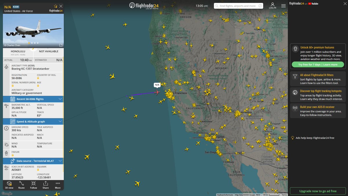 AIYeyENGDdJkjTr's tweet photo. Sept. 29, 2026
#Okinawa Kadena Air Base #Joint Base Pearl Harbor-Hickam, Honolulu ==> #Tinker Air Force Base, Oklahoma City
#NoCALLSIGN #AE0681 USAF KC-135T Stratotanker https://t.co/ZV00BHcrt0