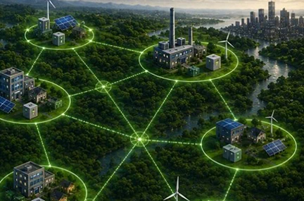 diagrams of centralized and decentralized grids with buildings and other structures circled and linked to each other