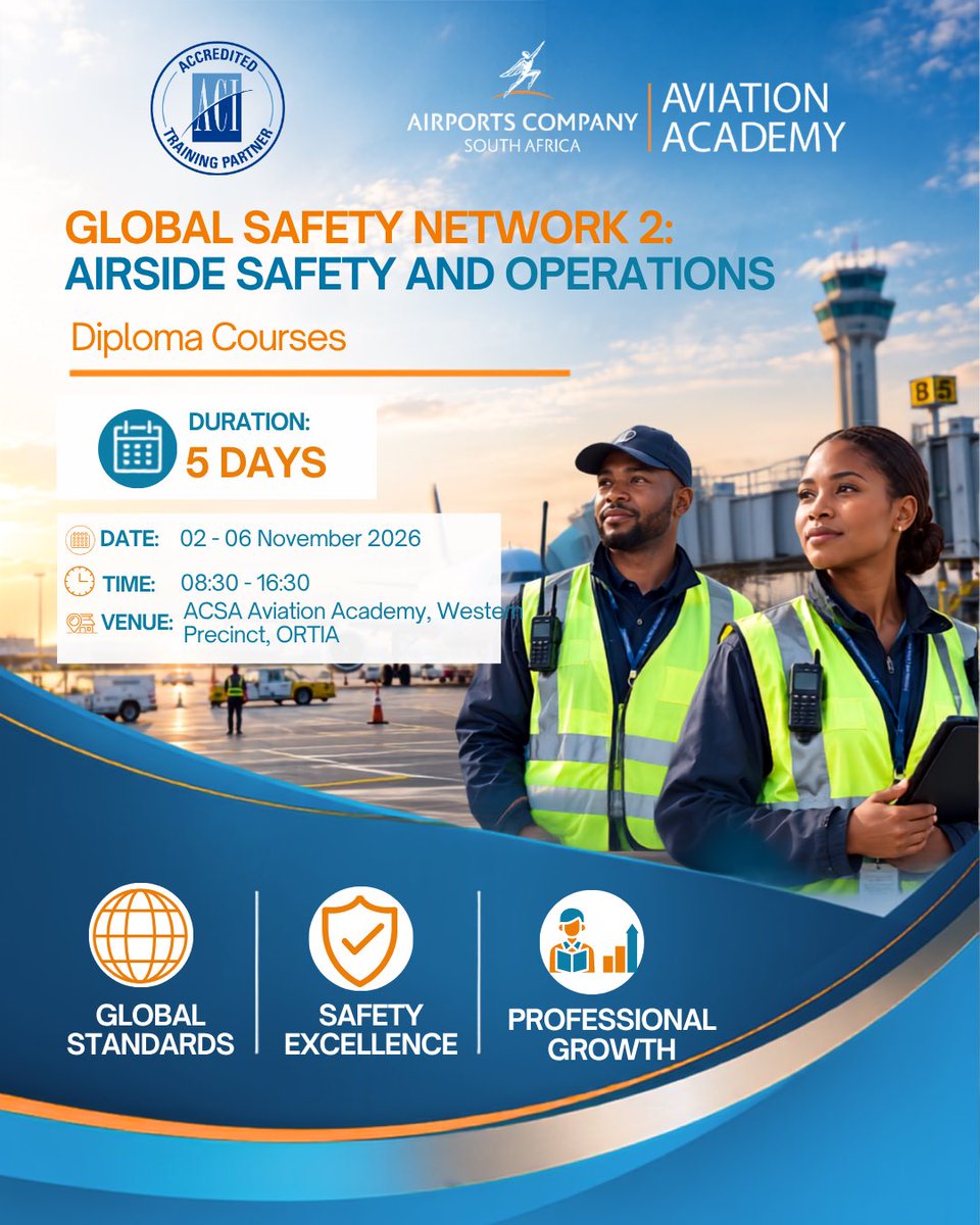capetownint's tweet photo. ✈️ Enhance your airside safety expertise with Global Safety Network (GSN 2): Airside Safety and Operations on 2 Nov 2026. Gain practical skills, industry best practices, and the latest safety tools for efficient airport operations.     

#ACSAAviationSafety #AirportOperations https://t.co/tumGpeHn97