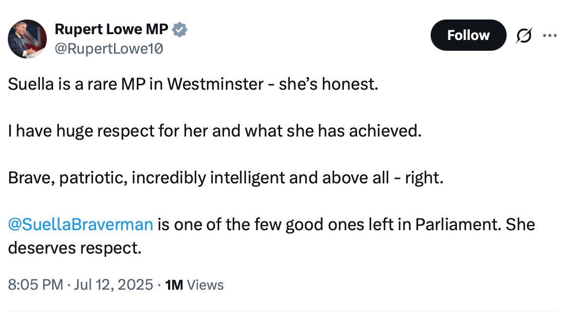 SuellaBraverman's tweet photo. Question Rupert: What happened since last year? 

I’ll tell you. 

You asked me to join Restore Britain and I refused. https://t.co/HPccyC6ofC