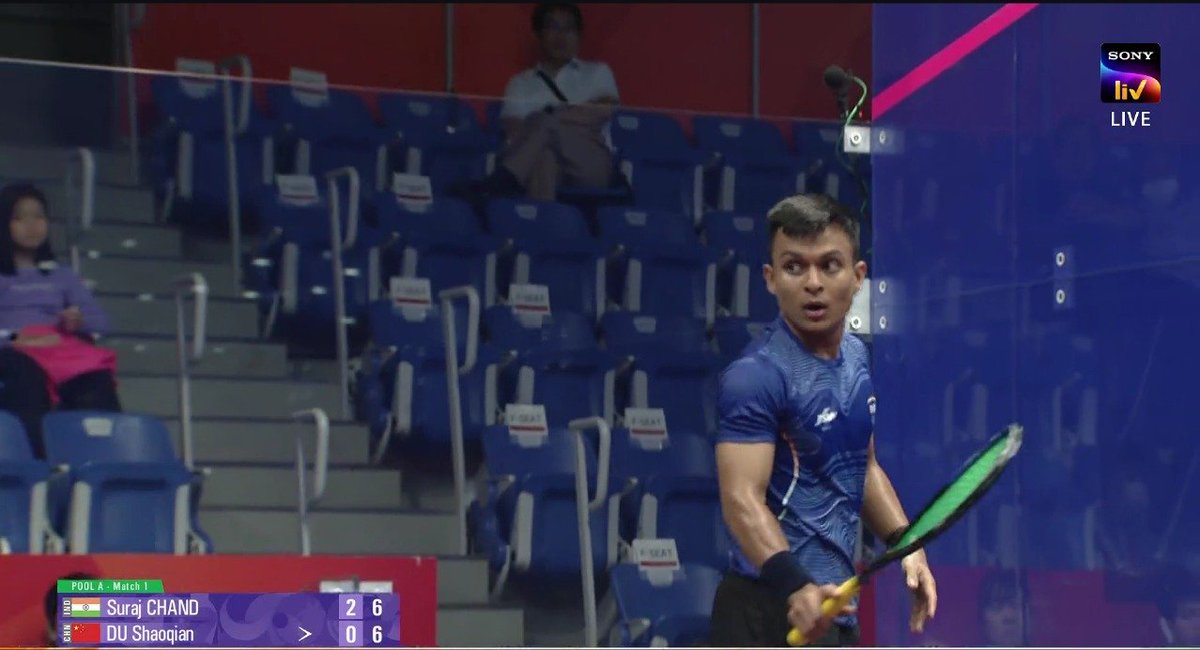Navinsports's tweet photo. SPOTLIGHT: SURAJ CHAND 

India's 🆕 University Squash World Champion Suraj Chand got a well deserved Asian Games Debut and even won his debut Match in Straight Games (11-4,11-2,12-10) against 🇨🇳 in the group opener.

📸 : @AmitK98infinite https://t.co/kjcxCzfSWE