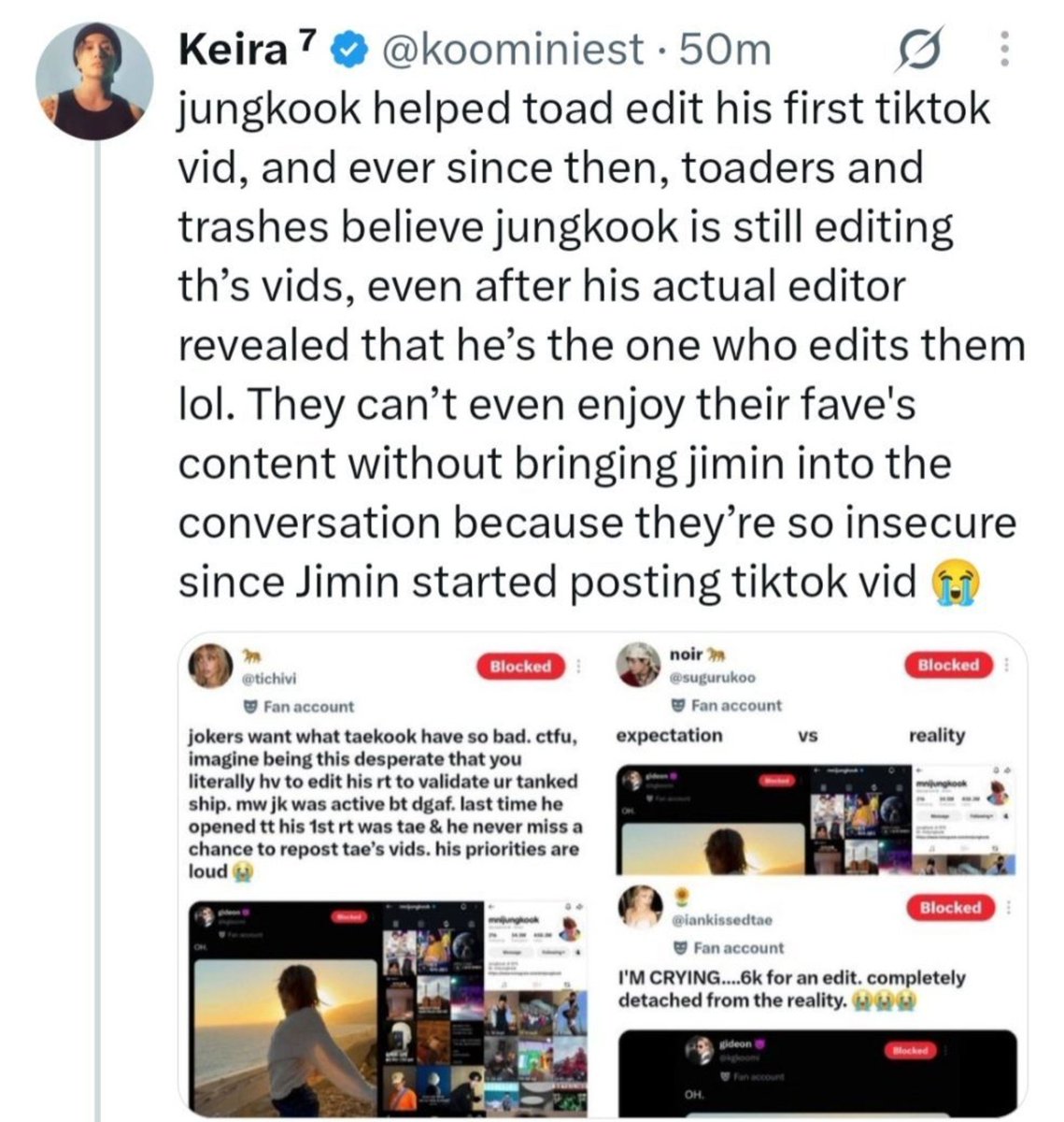tichivi's tweet photo. all this yapping just bc tkkrs clocked their lies and desperate attempt to validate their tankedmin using jk. i'm crying 😭 https://t.co/4zYlSs9Xkh