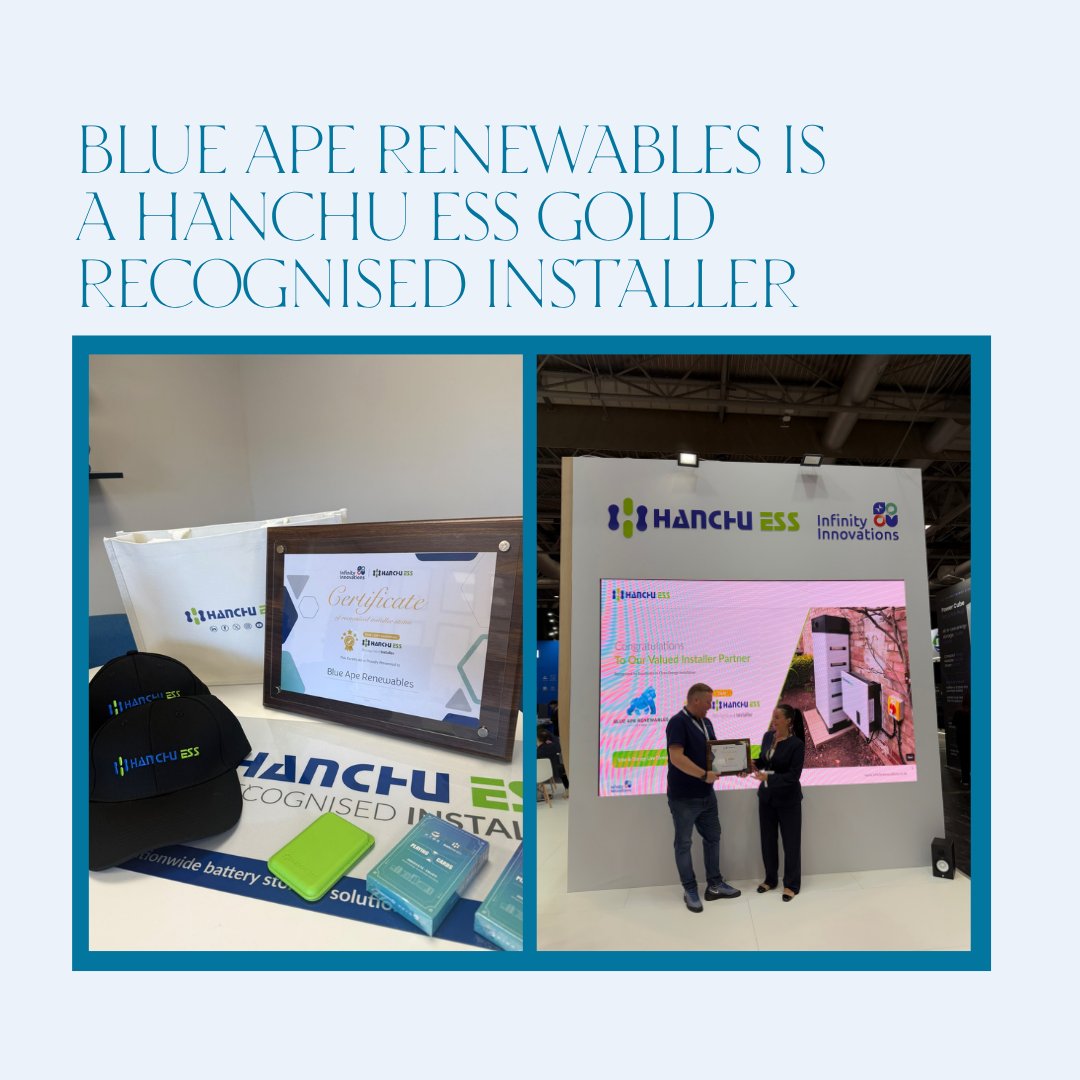 BlueApeLtd's tweet photo. Last Wednesday we attended Solar &amp; Storage Live and were proud to receive our Hanchu ESS Gold Level Recognised Installer award.

A great achievement for the Blue Ape Renewables team.

#HanchuESS #SolarAndStorageLive #BlueApeRenewables https://t.co/6iVoCcMsBm