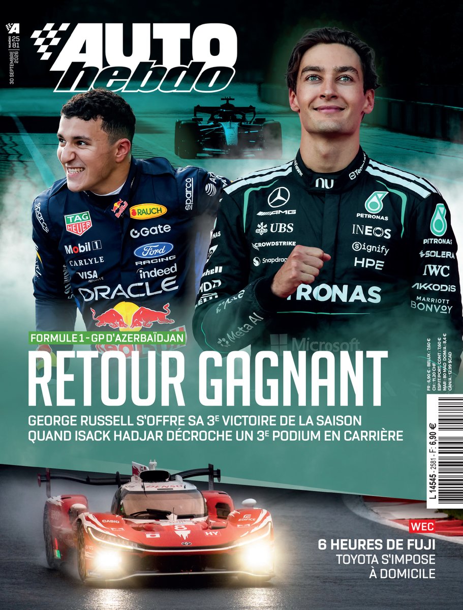 autohebdo's tweet photo. La Une du numéro 2581 d'AUTOhebdo, dès lundi à 20h en version numérique, et mercredi en kiosques ! 🏁

💪 Retour gagnant : George Russell s'impose à Bakou, Hadjar termine sur le podium
🇯🇵 Toyota s'impose à domicile aux #6HFuji

Pour acheter le numéro : https://t.co/DTggZYVCDO
Pour vous abonner : https://t.co/L6Jnl7SsQL