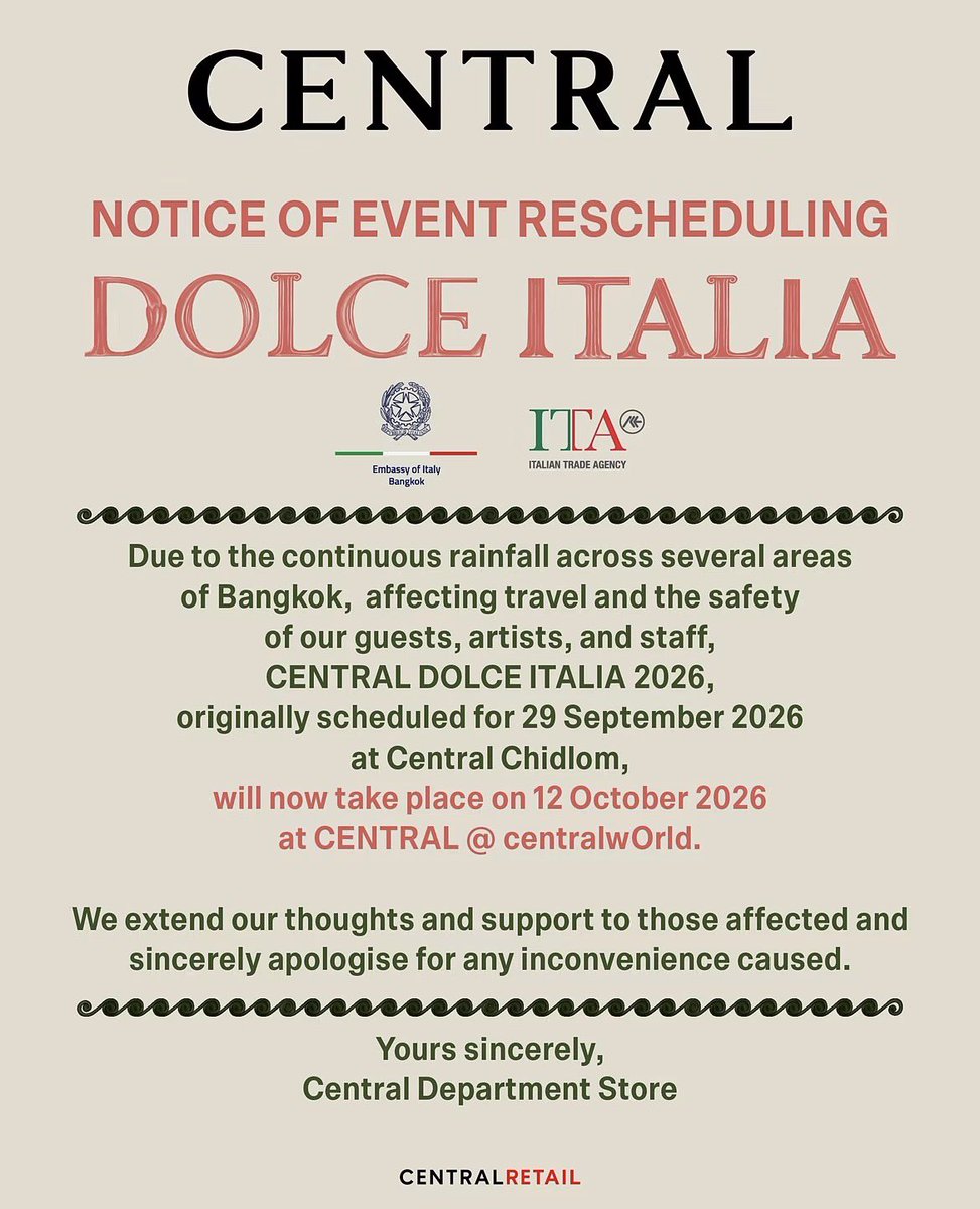 DunkOfficialFC's tweet photo. กำหนดการเพิ่มเติม แจ้งเลื่อนการจัดงาน CENTRAL DOLCE ITALIA 2026 จากกำหนดการเดิม วันที่ 29 ก.ย. 2569 ณ ห้างเซ็นทรัลชิดลม เป็นวันที่ 12 ต.ค. 2569 ณ ห้างเซ็นทรัล @ เซ็นทรัลเวิลด์

🖇️ : https://t.co/ceSY9AcbfO https://t.co/MAT3LI58vq