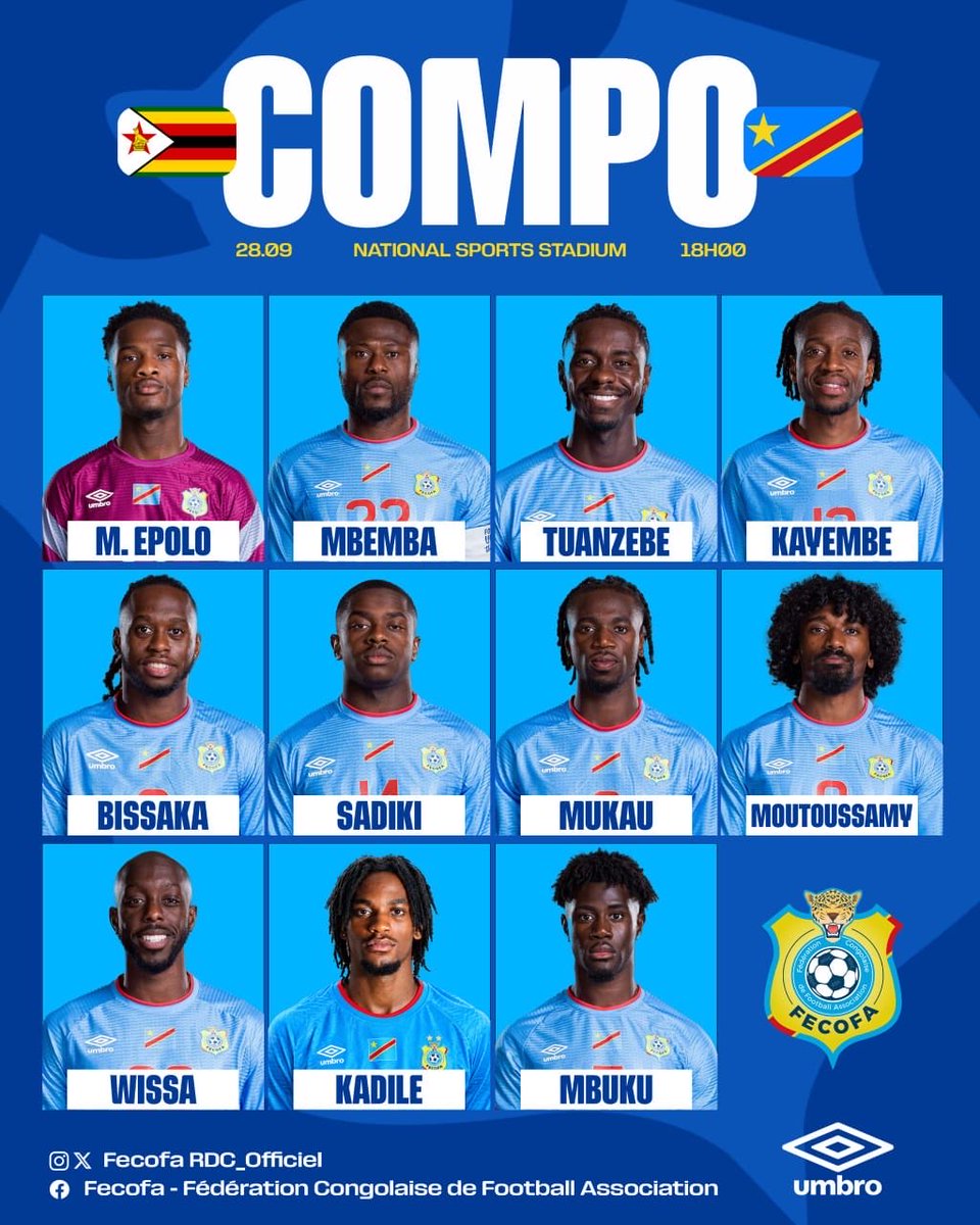 FelixKabuyi's tweet photo. 🐆🇨🇩 Compo officielle !

Voici le onze de départ des Léopards pour affronter le Zimbabwe.

🔥 Coup d'envoi imminent ! https://t.co/7lSGPFLtR5