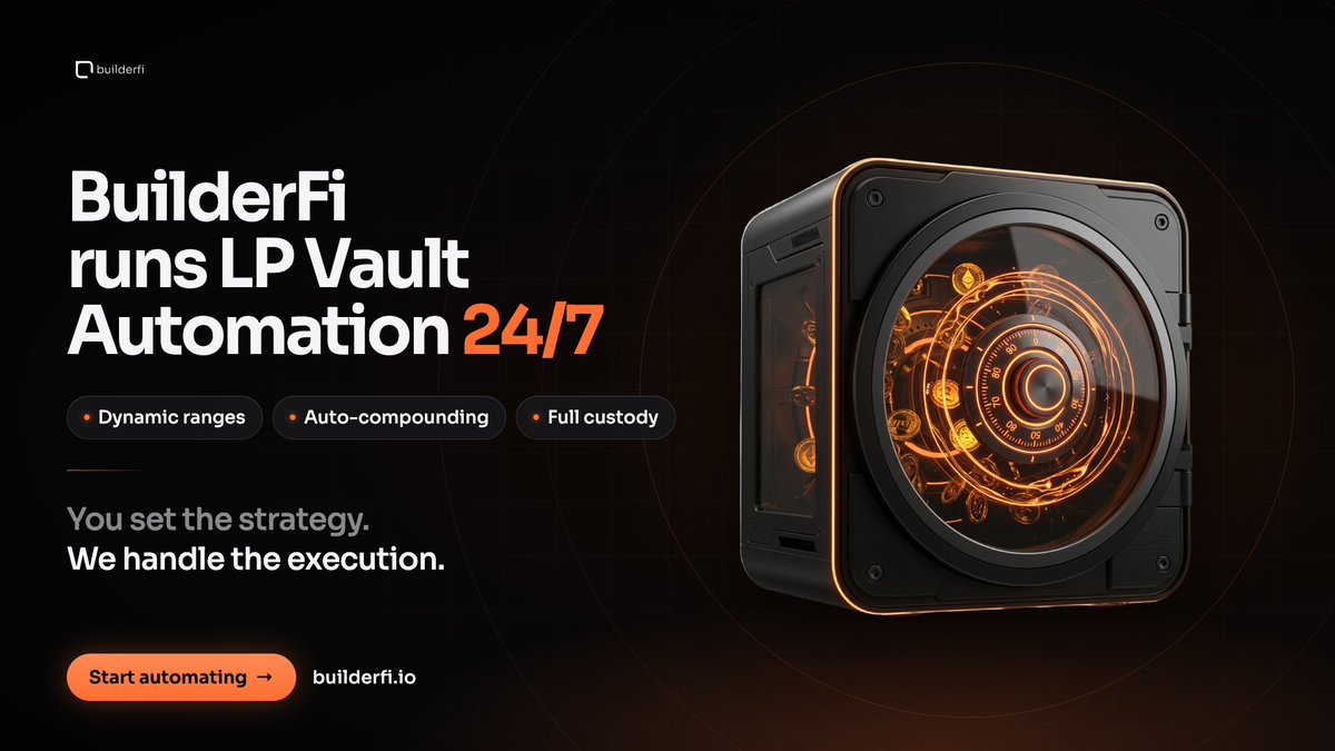 builderfiHQ's tweet photo. Most LPs still manage ranges like it’s 2023.

Manual checks. Missed rebalances. Fees missed.

BuilderFi runs LP Vault Automation 24/7 - dynamic ranges, auto-compounding, full custody.

You set the strategy. We handle the execution. Start automating → https://t.co/LrevzqrJVo https://t.co/DoHd4K4Q4f