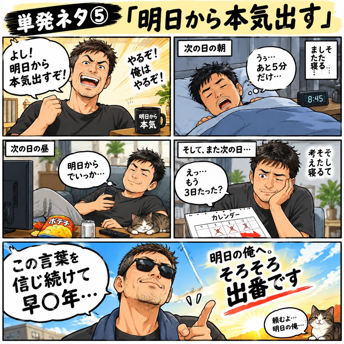 fuwanigot's tweet photo. 【単発ネタ】
「明日から本気出す」
この言葉を信じ続けて
早○年。
明日の俺へ。
そろそろ出番です😂 https://t.co/H4sSsvQbXZ