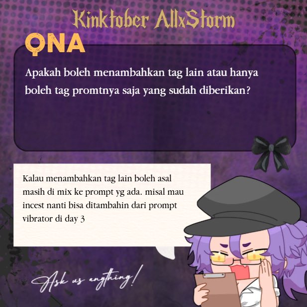 untuk_badai's tweet photo. Untuk pertanyaan-nya sudah kami saring ya untuk event spesial Kinktober #AllStorm
Bagi yang masih bingung bisa langsung bertanya lagi ya! https://t.co/GCSugUh9xC