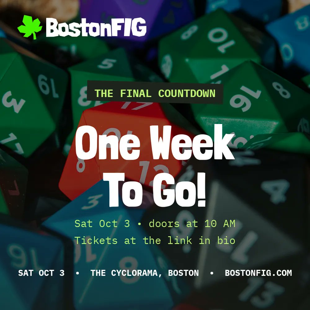 BostonFIG's tweet photo. ONE WEEK. Saturday, October 3. The Cyclorama. Hundreds of indie games, the Figgies, our first cosplay contest, and you. Tickets: https://t.co/tN2e1u98Ln #BostonFIG #BostonFIG2026 #indiegames #indiedev #boardgames #videogames https://t.co/LNKA1xUR0V
