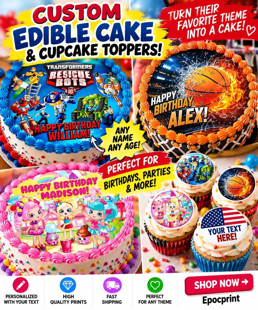 PrintsOnCake's tweet photo. 🎂 Turn their favorite theme into a cake!
Personalized edible cake &amp; cupcake toppers made with your photo, your text &amp; your design. ✨
🚚 Fast U.S. shipping
❤️ Made with care
👉 Shop now: https://t.co/VeJSvsMwb9
#EdibleCakeTopper #CustomCakeTopper #BirthdayCake #Epocprint https://t.co/gRWqhod6J2