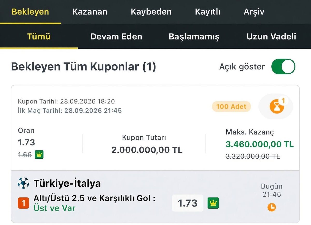 betvalueanaliz's tweet photo. türkiyem gol atarsa
3.4 milyon kazanıyorum https://t.co/qDjm9bOXEM