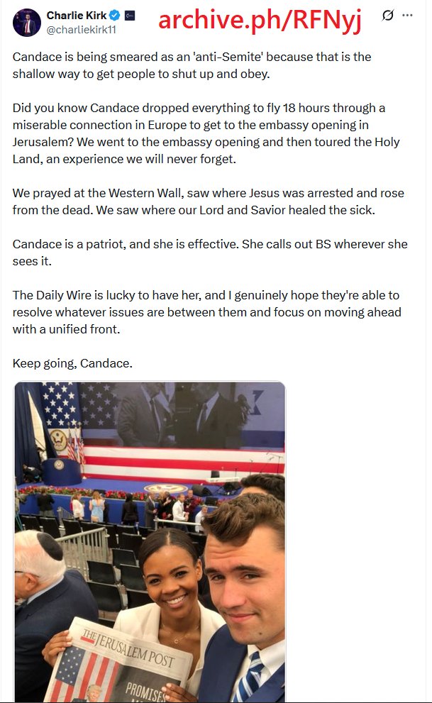 EsoShaggy's tweet photo. Candace Owens was fired by Daily Wire. If they hadn't fired her, she would still be taking money from she refers to as an "Israeli cut-out".

Charlie Kirk claimed Candace kissed the Western Wall in Israel despite not being religious.

In 2024 & 2025 Candace went on the ADL backed Nick Cannon Podcast where she got buckbroken and lectured for being antisemitic.

Candace admits that Merissa Streit of Prager U, who she calls Israeli intelligence, saved her career. She waited until 2026 to admit she was taken to the Simon Wiesenthal center. There a rabbi spoke only Hebrew to Marissa and suddenly she was forgive for promoting Hitler.

Candace's entire existence is thanks to Jews and Zionism. To this day she still relies on both. 

Despite that, Candace is deceptive about the money she gets, her husband's beliefs and how she was made a star.

Nothing about Candace Owens is real.