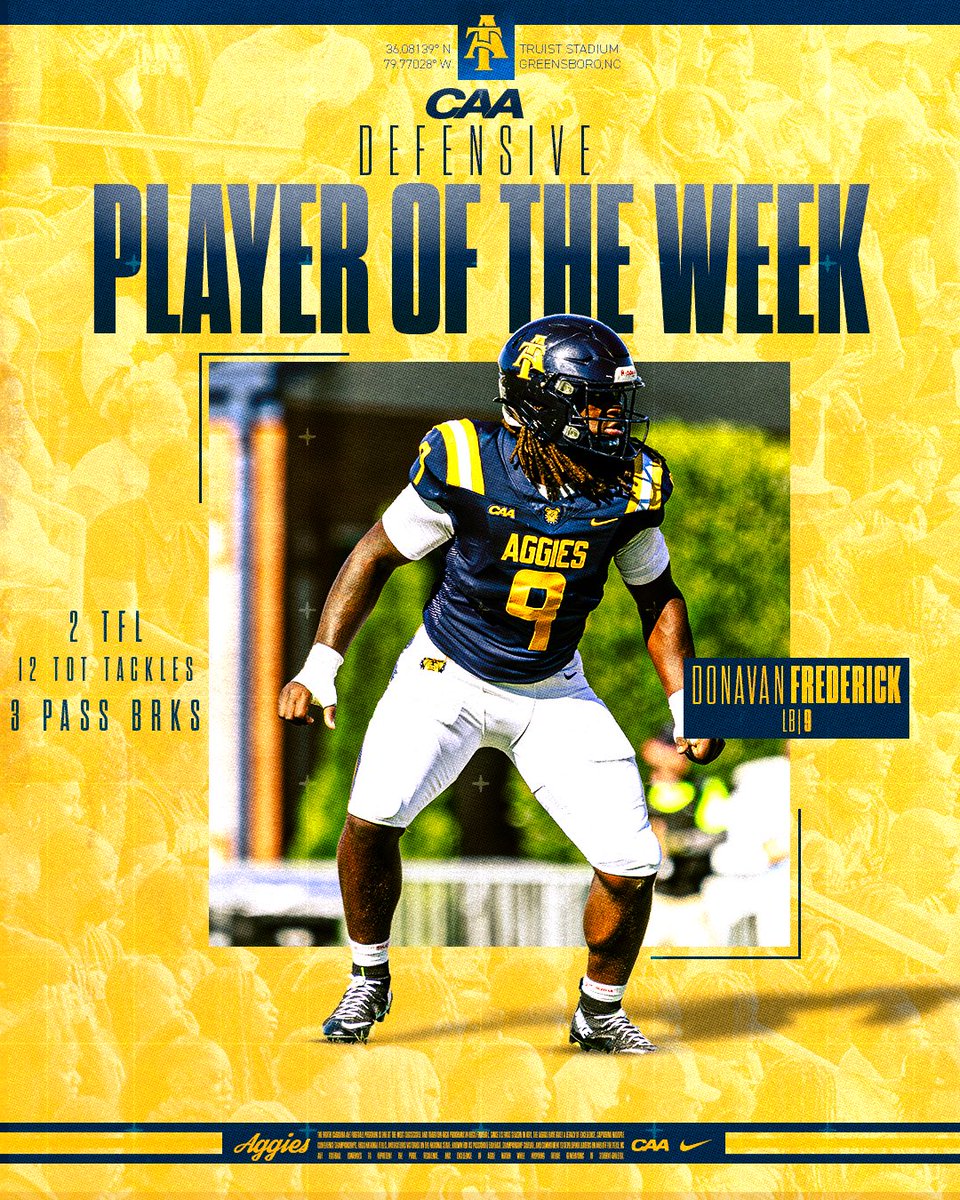 NCATFootball's tweet photo. EARNED NOT GIVEN. 💪
Congratulations Donavan for earning CAA Defensive Player of the Week!
#AggiePride | #PoundTheStone | #CAAFB https://t.co/RMSi7R2Bzt