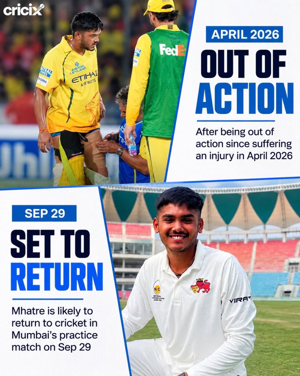 oncric_'s tweet photo. Ayush Mhatre is set to make his return after being sidelined with an injury since April. 🏏💙

The young star could be back in action for Mumbai’s practice match on September 29. 🔥

#Cricix #AyushMhatre #MumbaiCricket #IndianCricket #Cricket https://t.co/QjLcCMnwxQ