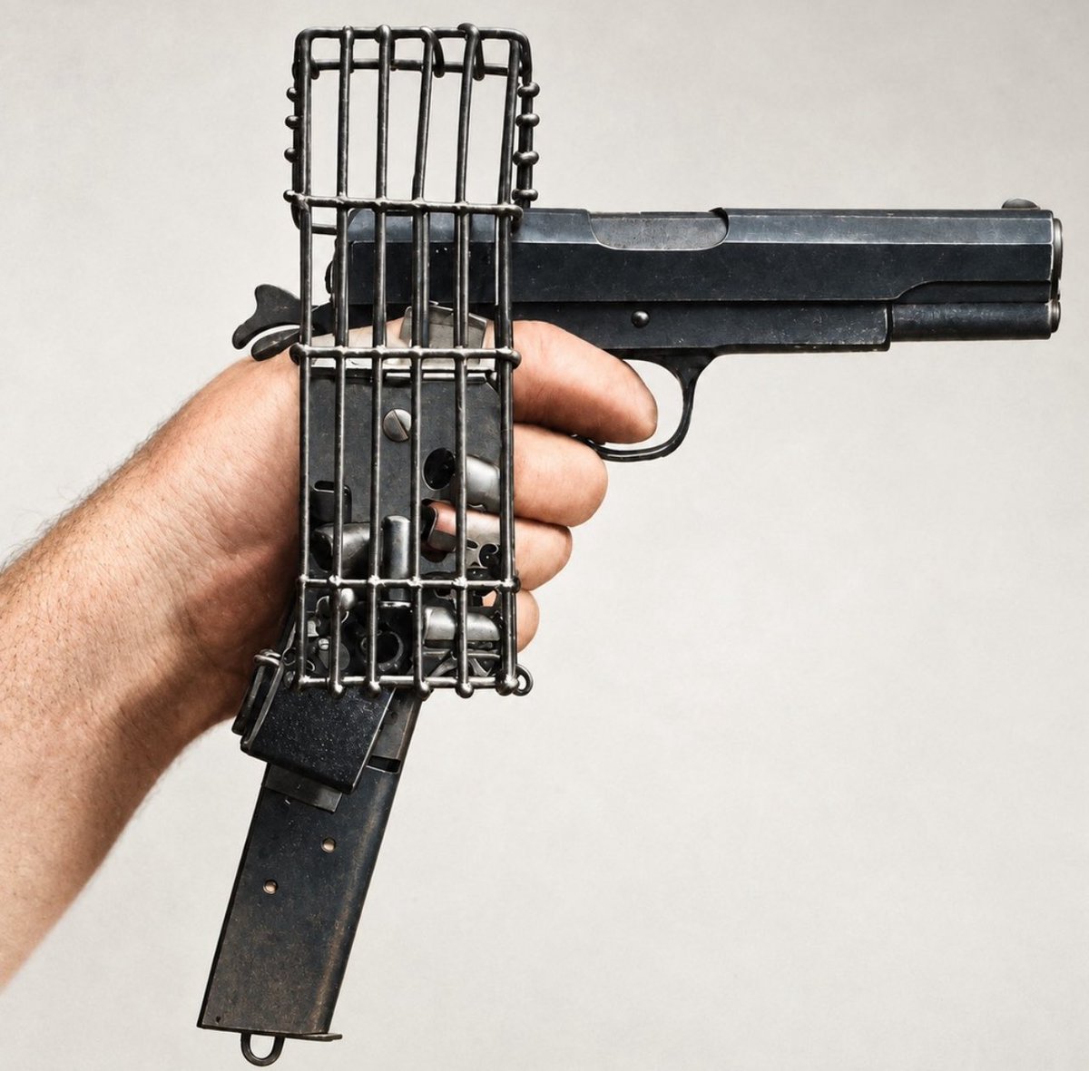 blackstarops's tweet photo. in the early days of WWI, military aircrafts did not have synchronized machine guns, so pilots sometimes fired handguns at each other during flights.

this resulted in the M1911 pistol with an extended magazine and a wire brass-catching cage. https://t.co/ECq8IxUhSq