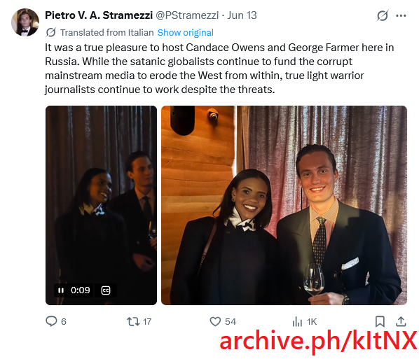 EsoShaggy's tweet photo. When Candace Owens went to Russia, the chairman of the event she spoke at was Jeffrey Epstein's FSB handler Sergey Belyakov.

Belyakov got Epstein to recruit Woody Allen & Ehud Barak for the St.Petersburg International Economic Forum.

This year the event had convicted pedophile Scott Ritter speaking alongside Candace, Aleksandr Dugin, Putin and American Communist Party funder Konstantin Malofeyev.

Candace Owens spends all this time moralizing over the "Epstein class" meanwhile she's hobnobbing with them. Epstein got his Russian passport from Belyakov and helped recruit for the events Candace now attends.

Sergey Belyakov is connected to key Russian asset, Kirill Dmitriev who openly replies to Candace amd promotes Qanon. He directly offered Candace a visa. 

Belyakov told Epstein directly in 2016 he would be working with the investment fund, RDIF, that is now headed by Kirill.

Candace's guide Pietro Stramezzi has direct links to a US designated terrorist group, the Russian Imperial Movement.  He assists Europeans in immigrating to Russia.

Pietro Stramezzi is linked to Anton Kobyakov according to Italian media. Kobyakov is one of Putin's top advisors.