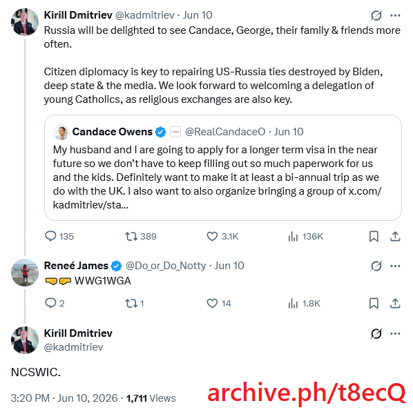 EsoShaggy's tweet photo. When Candace Owens went to Russia, the chairman of the event she spoke at was Jeffrey Epstein's FSB handler Sergey Belyakov.

Belyakov got Epstein to recruit Woody Allen & Ehud Barak for the St.Petersburg International Economic Forum.

This year the event had convicted pedophile Scott Ritter speaking alongside Candace, Aleksandr Dugin, Putin and American Communist Party funder Konstantin Malofeyev.

Candace Owens spends all this time moralizing over the "Epstein class" meanwhile she's hobnobbing with them. Epstein got his Russian passport from Belyakov and helped recruit for the events Candace now attends.

Sergey Belyakov is connected to key Russian asset, Kirill Dmitriev who openly replies to Candace amd promotes Qanon. He directly offered Candace a visa. 

Belyakov told Epstein directly in 2016 he would be working with the investment fund, RDIF, that is now headed by Kirill.

Candace's guide Pietro Stramezzi has direct links to a US designated terrorist group, the Russian Imperial Movement.  He assists Europeans in immigrating to Russia.

Pietro Stramezzi is linked to Anton Kobyakov according to Italian media. Kobyakov is one of Putin's top advisors.