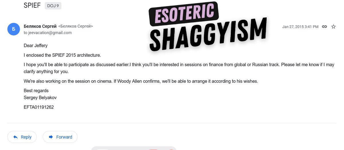 EsoShaggy's tweet photo. When Candace Owens went to Russia, the chairman of the event she spoke at was Jeffrey Epstein's FSB handler Sergey Belyakov.

Belyakov got Epstein to recruit Woody Allen & Ehud Barak for the St.Petersburg International Economic Forum.

This year the event had convicted pedophile Scott Ritter speaking alongside Candace, Aleksandr Dugin, Putin and American Communist Party funder Konstantin Malofeyev.

Candace Owens spends all this time moralizing over the "Epstein class" meanwhile she's hobnobbing with them. Epstein got his Russian passport from Belyakov and helped recruit for the events Candace now attends.

Sergey Belyakov is connected to key Russian asset, Kirill Dmitriev who openly replies to Candace amd promotes Qanon. He directly offered Candace a visa. 

Belyakov told Epstein directly in 2016 he would be working with the investment fund, RDIF, that is now headed by Kirill.

Candace's guide Pietro Stramezzi has direct links to a US designated terrorist group, the Russian Imperial Movement.  He assists Europeans in immigrating to Russia.

Pietro Stramezzi is linked to Anton Kobyakov according to Italian media. Kobyakov is one of Putin's top advisors.