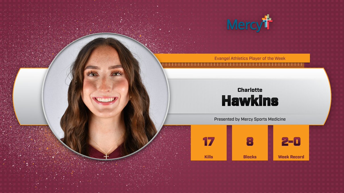 EvangelValor's tweet photo. In our sixth Evangel Athletics Player of the Week feature, presented by Mercy Sports Medicine, redshirt sophomore Charlotte Hawkins has earned the honor.

Selected based upon her weekly performance, Hawkins, a redshirt sophomore from Bixby, Oklahoma, recorded a combined 17 kills last week, alongside eight blocks, including six against Avila on Wednesday night.

Each week, athletes like Charlotte have the potential to earn the title of Evangel Athletics Player of the Week. Congratulations, Charlotte!

Below is a history of winners of the 2026-27 Evangel Athletics Player of the Week.

Week 1 - Abby Ferguson, Volleyball
Week 2 - Broc Lyle, Football
Week 3 - Miguel Santos, Men's Soccer
Week 4 - Ethan Smith, Men's XC
Week 5 - Blake Smith, Men's XC

#OneValor