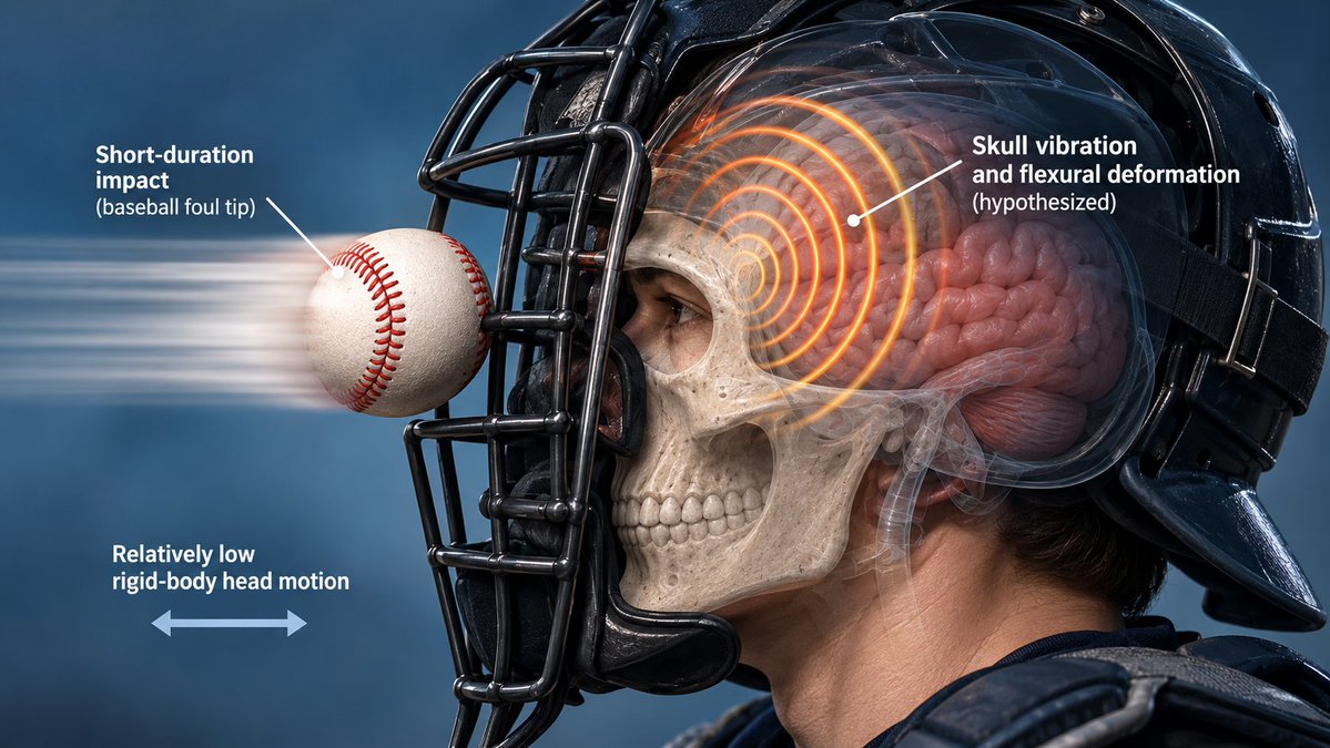 ABMEjournal's tweet photo. Concussions can occur even when conventional measures of head acceleration suggest an impact should pose relatively little risk.

A letter to the editor offers one possible explanation, proposing that short-duration impacts may cause high-frequency vibrations and flexing of the skull that contribute to concussion-like signs and symptoms. Drawing on prior biomechanical research, the author suggests that these responses may transfer mechanical energy into intracranial tissues in ways not captured by traditional measures of rigid-body motion. The hypothesis could account for why baseball catchers experience concussions from foul tips despite substantially lower accelerations than those typically associated with concussions in football.

To determine whether this proposed mechanism contributes to injury, the author calls for further testing that could reveal overlooked sources of risk and inform how head protection is evaluated and designed for short-duration impacts.

𝗥𝗲𝗮𝗱 𝗺𝗼𝗿𝗲: https://t.co/tBSzVwGPn2

𝗟𝗲𝘁𝘁𝗲𝗿: A Vibration-Based Concussion Mechanism

𝗔𝘂𝘁𝗵𝗼𝗿: @strowson

@virginia_tech
@VTEngineering
@BEAMvt

𝗦𝘂𝗯𝗺𝗶𝘁 𝘆𝗼𝘂𝗿 𝗺𝗮𝗻𝘂𝘀𝗰𝗿𝗶𝗽𝘁: https://t.co/Gyz8DNneUg