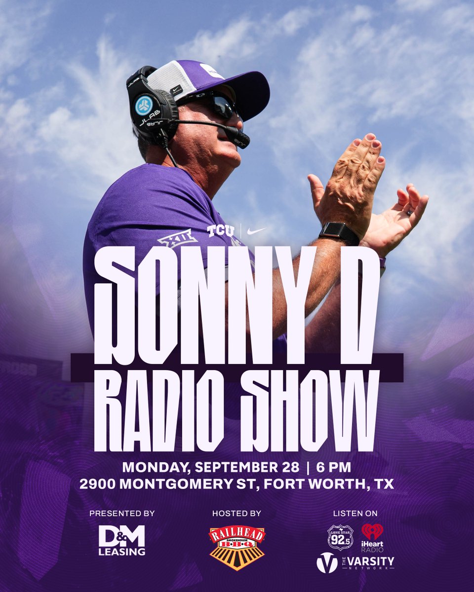 TCU_Athletics's tweet photo. 𝗦𝗼𝗻𝗻𝘆 𝗗 radio show 𝘵𝘰𝘯𝘪𝘨𝘩𝘵

⏰ 6 PM   
📍Railhead BBQ      

#GoFrogs | @dmleasing https://t.co/bIpV8f1ZUY