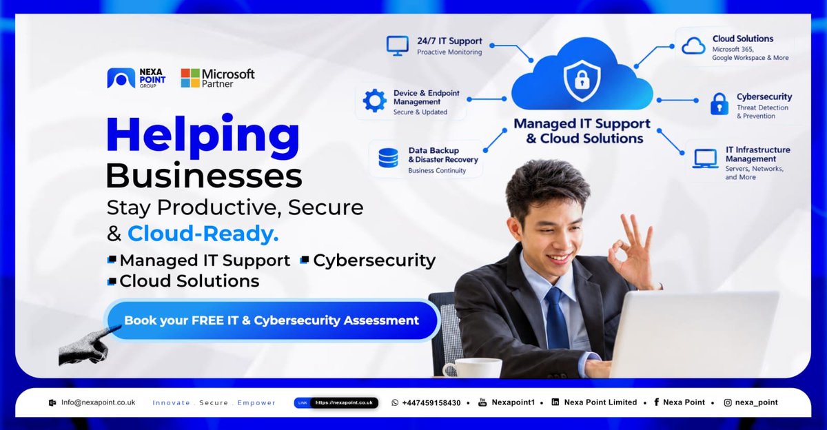Beejayroyal1's tweet photo. @peng_writer @Nexapoint_  Nexa Point Group helps businesses reduce IT downtime, strengthen cybersecurity and work smarter through managed IT support, cloud solutions and AI automation.

If technology is slowing your business down, let’s fix it. https://t.co/2VFozjoA5h