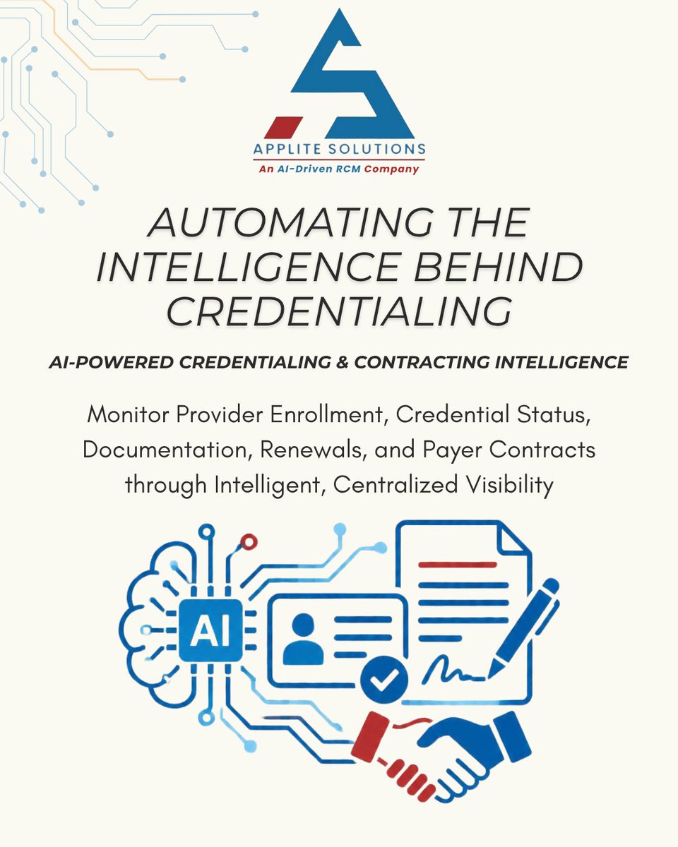Applite_LLC's tweet photo. Credentialing gaps can create bigger problems than paperwork.
From incomplete provider information to expiring credentials and missed renewals, visibility matters.
Applite Solutions brings AI-powered intelligence to credentialing &amp; contracting.
#Credentialing #HealthcareRCM https://t.co/E6QAQIt8D3