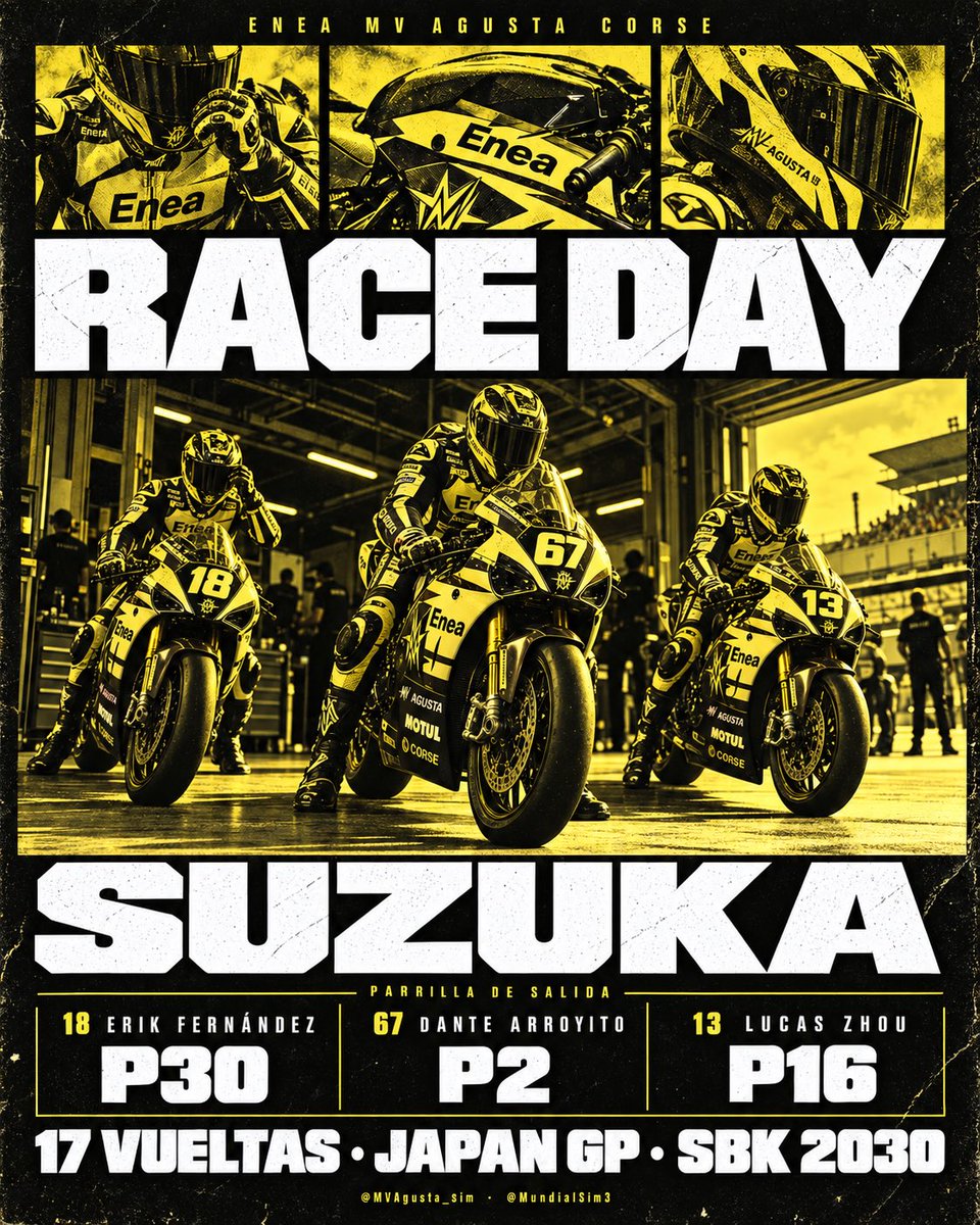 MVAgusta_Sim's tweet photo. Viseras abajo. Suzuka nos espera.

Dante sale 2.º, Lucas 16.º y Erik 30.º. Por delante, 17 vueltas para pelear arriba, ganar posiciones y sumar para el equipo.

Tres motos. Todo el box empujando.

Forza, ragazzi.

@MundialSim3 https://t.co/9PnvvsVzU9