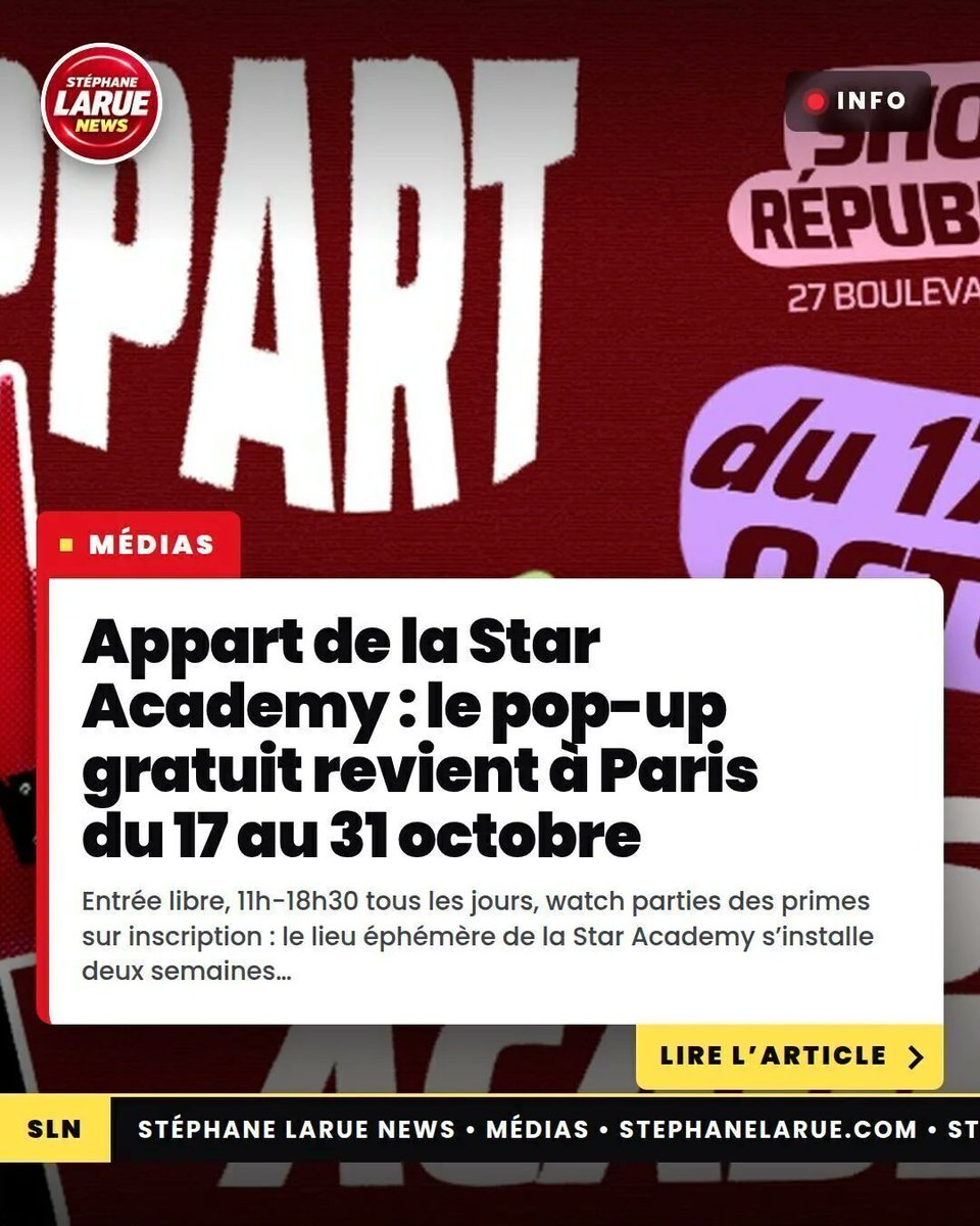 larueofficiel's tweet photo. MÉDIAS. Appart de la Star Academy : le pop-up gratuit revient à Paris du 17 au 31 octobre
Entrée libre de 11h à 18h30, watch parties des primes sur inscription, 27 boulevard Jules Ferry (Paris 11e).
⬇️ https://t.co/jghU7UHBTe
@StarAcademyTF1 @TF1 #StarAc https://t.co/eqnt5B7IrF