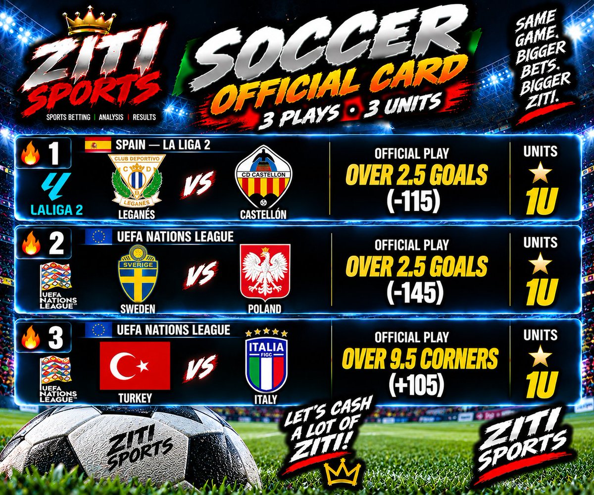 SportsZiti's tweet photo. ⚽🔥  9/28 SOCCER ZITI IS LOCKED!🔥⚽
🎯 3 PLAYS • 3U
⚽ Goals + 🚩 Corners = LET’S CASH!
🤌🍝 STACK THAT ZITI!
#SoccerPicks #SoccerBetting #NationsLeague #LaLiga2 #SportsBetting #BettingTwitter #ZitiSports #WinZiti https://t.co/eJHhznb1s3