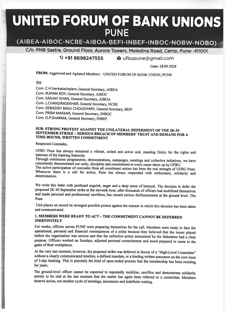 UFBUPUNE's tweet photo. UFBU Pune would like to seek a clear, transparent and accountable clarification from the UFBU top leadership regarding the recent developments concerning Five-Day Banking, particularly in view of the ongoing struggle and the expectations of lakhs of bank employees.
UFBU Pune firmly believes that transparency, timely communication and clarity are essential, particularly when thousands of bank employees are participating in the ongoing struggle with commitment, discipline and solidarity.
The members at the grassroots level have consistently stood united behind the demands and programmes given by the UFBU. Therefore, they deserve to be kept fully informed about the facts, the present status of Five-Day Banking, the developments at the leadership level, and the proposed future course of action.

@ChVenkatachalam @rupamsmail @aiboc_in @DTuljapurkar @AIBEAofficial
