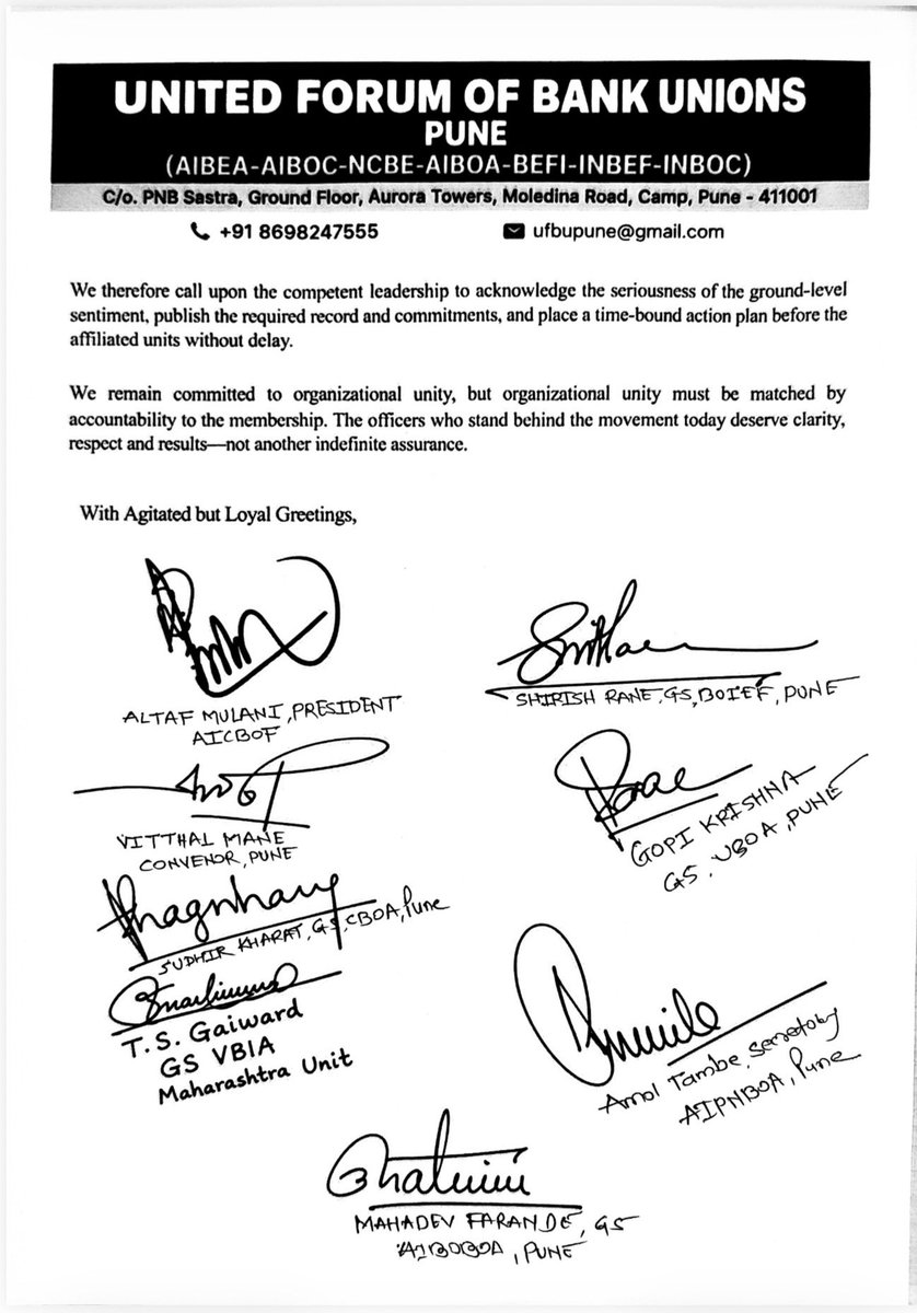 UFBUPUNE's tweet photo. UFBU Pune would like to seek a clear, transparent and accountable clarification from the UFBU top leadership regarding the recent developments concerning Five-Day Banking, particularly in view of the ongoing struggle and the expectations of lakhs of bank employees.
UFBU Pune firmly believes that transparency, timely communication and clarity are essential, particularly when thousands of bank employees are participating in the ongoing struggle with commitment, discipline and solidarity.
The members at the grassroots level have consistently stood united behind the demands and programmes given by the UFBU. Therefore, they deserve to be kept fully informed about the facts, the present status of Five-Day Banking, the developments at the leadership level, and the proposed future course of action.

@ChVenkatachalam @rupamsmail @aiboc_in @DTuljapurkar @AIBEAofficial
