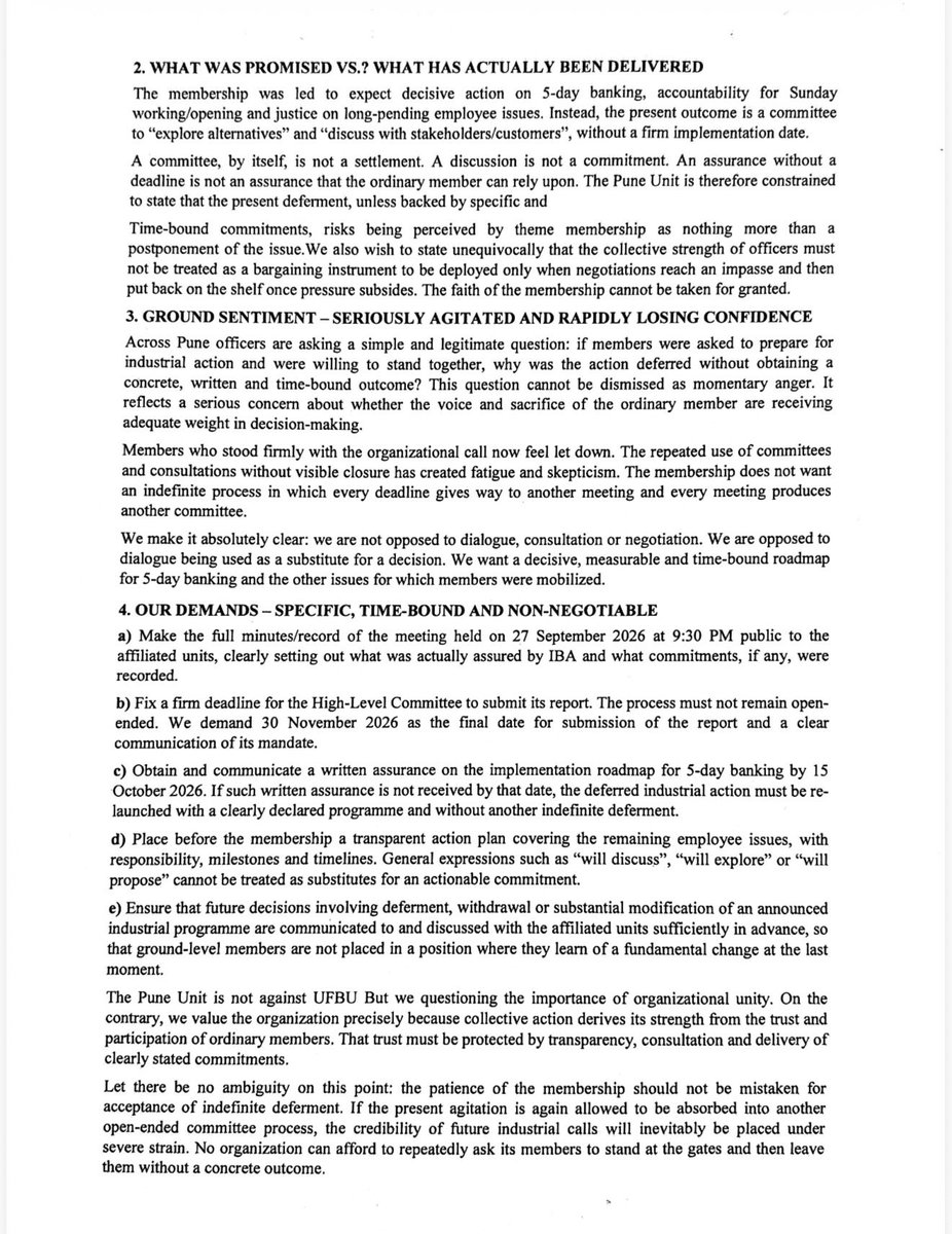 UFBUPUNE's tweet photo. UFBU Pune would like to seek a clear, transparent and accountable clarification from the UFBU top leadership regarding the recent developments concerning Five-Day Banking, particularly in view of the ongoing struggle and the expectations of lakhs of bank employees.
UFBU Pune firmly believes that transparency, timely communication and clarity are essential, particularly when thousands of bank employees are participating in the ongoing struggle with commitment, discipline and solidarity.
The members at the grassroots level have consistently stood united behind the demands and programmes given by the UFBU. Therefore, they deserve to be kept fully informed about the facts, the present status of Five-Day Banking, the developments at the leadership level, and the proposed future course of action.

@ChVenkatachalam @rupamsmail @aiboc_in @DTuljapurkar @AIBEAofficial