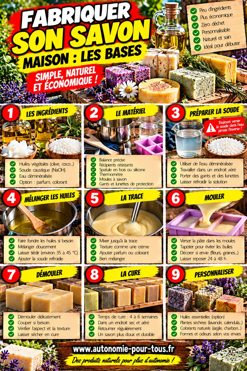 AutonomieReel's tweet photo. #Savon #DIY #Autonomie 🧼🔨 Savon maison : envie de vous lancer ? Huiles végétales, soude caustique, eau adaptée, moule et matériel de protection : fabriquer du savon demande de la précision, mais les bases peuvent s’apprendre. La sécurité reste essentielle, notamment lors de la manipulation de la soude. 🧤 https://t.co/wODNV5kGKp