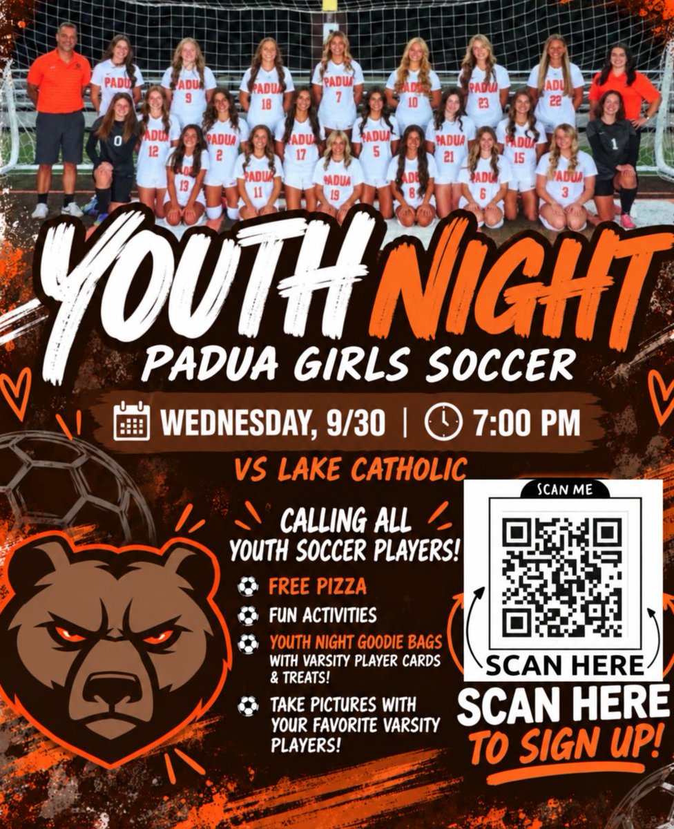 paduafranciscan's tweet photo. All grade school students are invited to our Girls Soccer Youth Night on Wednesday, September 30th. Varsity plays Lake Catholic at 7pm. Pizza will be served to grade school students. Come cheer on the Bruins!
#FutureBruins #GoBruins https://t.co/mSMkF9nFxr