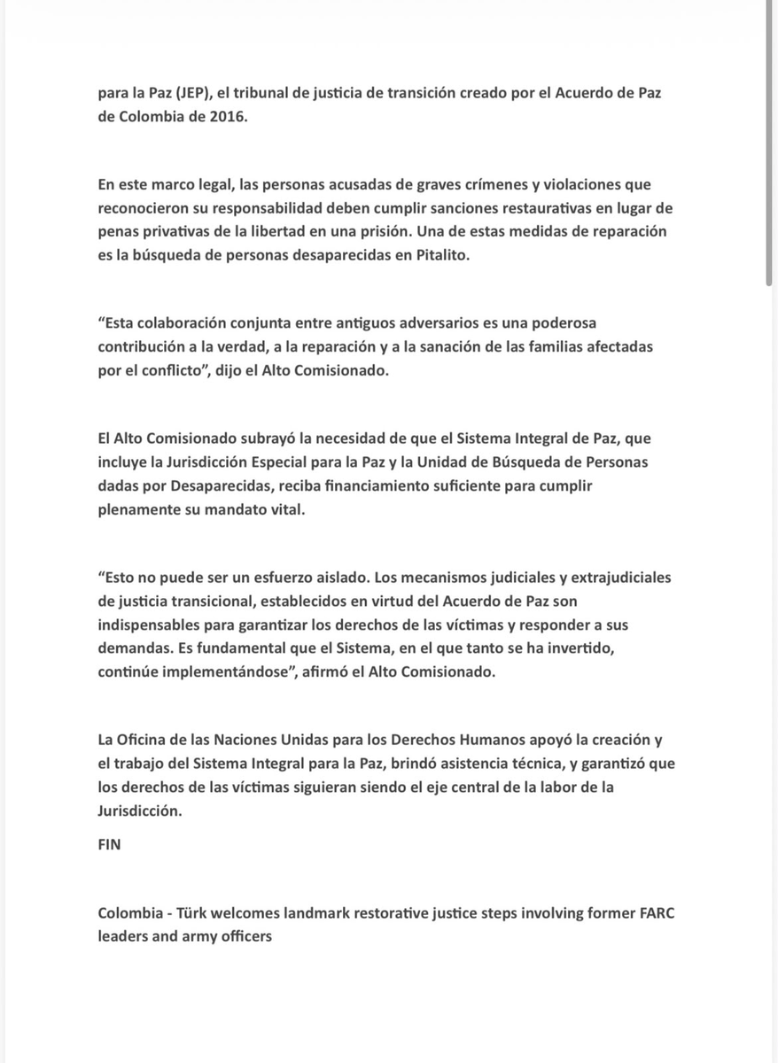 BluRadioCo's tweet photo. El Alto Comisionado de las Naciones Unidas para los Derechos Humanos, Volker Türk, pide garantizar los recursos suficientes para la Jurisdicción Especial para la Paz y la Unidad de Búsqueda de Personas dadas por Desaparecidas.

“Es fundamental que el Sistema, en el que tanto se ha invertido, continúe implementándose”, afirmó.

Además, calificó como “un logro mundial para la justicia transicional” las sanciones impuestas por la JEP al último secretariado de las FARC y a los máximos responsables de la Fuerza Pública. #VocesySonidos
