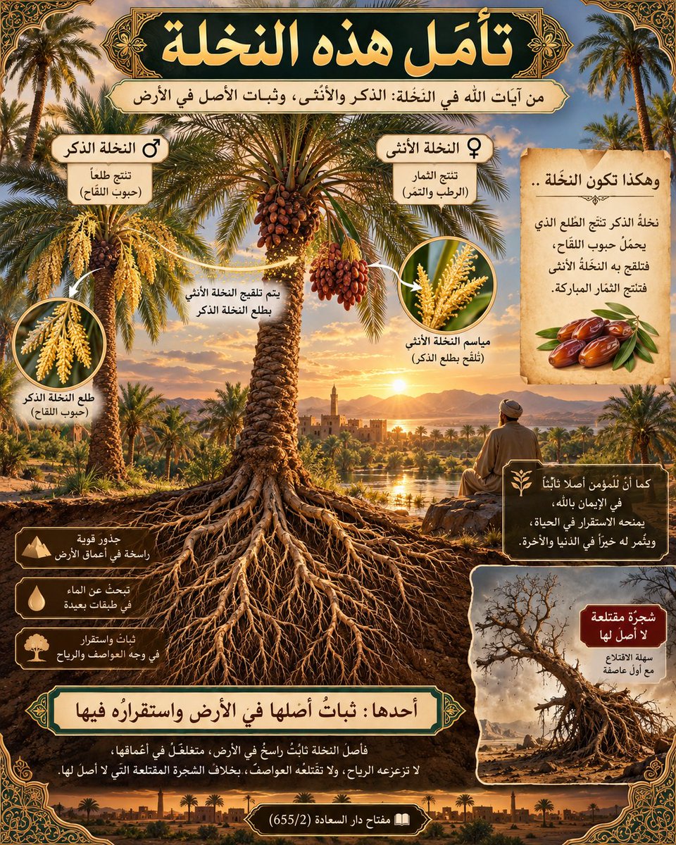 AKBanaja's tweet photo. تأمَّل هذه النَّخلةَ التي هي أحدُ آيات الله تجدْ فيها من العجائب والآيات ما يَبْهَرُك؛ فإنه لما قدِّر أن يكون فيه إناثٌ تحتاجُ إلى اللِّقاح جُعِلَت فيها ذكورٌ تَلْقَحُها بمنزلة ذكور الحيوان وإناثه، ولذلك اشتدَّ شَبهُها من بين سائر الأشجار بالإنسان، خصوصًا بالمؤمن، كما مَثَّله النبيُّ - ﷺ -، وذلك من وجوهٍ كثيرة:

*أحدها*: ثباتُ أصلها في الأرض واستقرارُه فيها، وليست بمنزلة الشجرة التي اجتُثَّت من فوق الأرض ما لها من قرار 

مفتاح دار السعادة (2/655) 📚