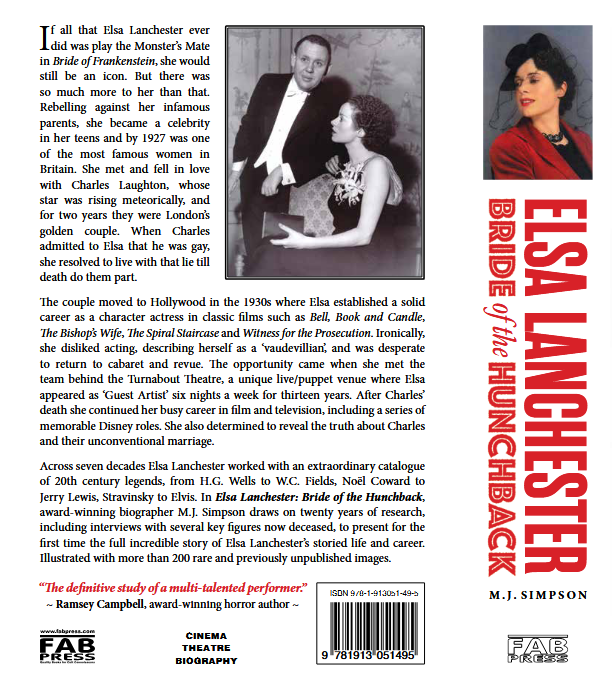 ElsaBiog's tweet photo. Here it is, folks. Your first look at 'Elsa Lanchester: Bride of the Hunchback' by MJ Simpson. The definitive biography, more than 20 years in the making. Available for pre-order via the @FAB_Press website from this Thursday. https://t.co/91Jelh7myE