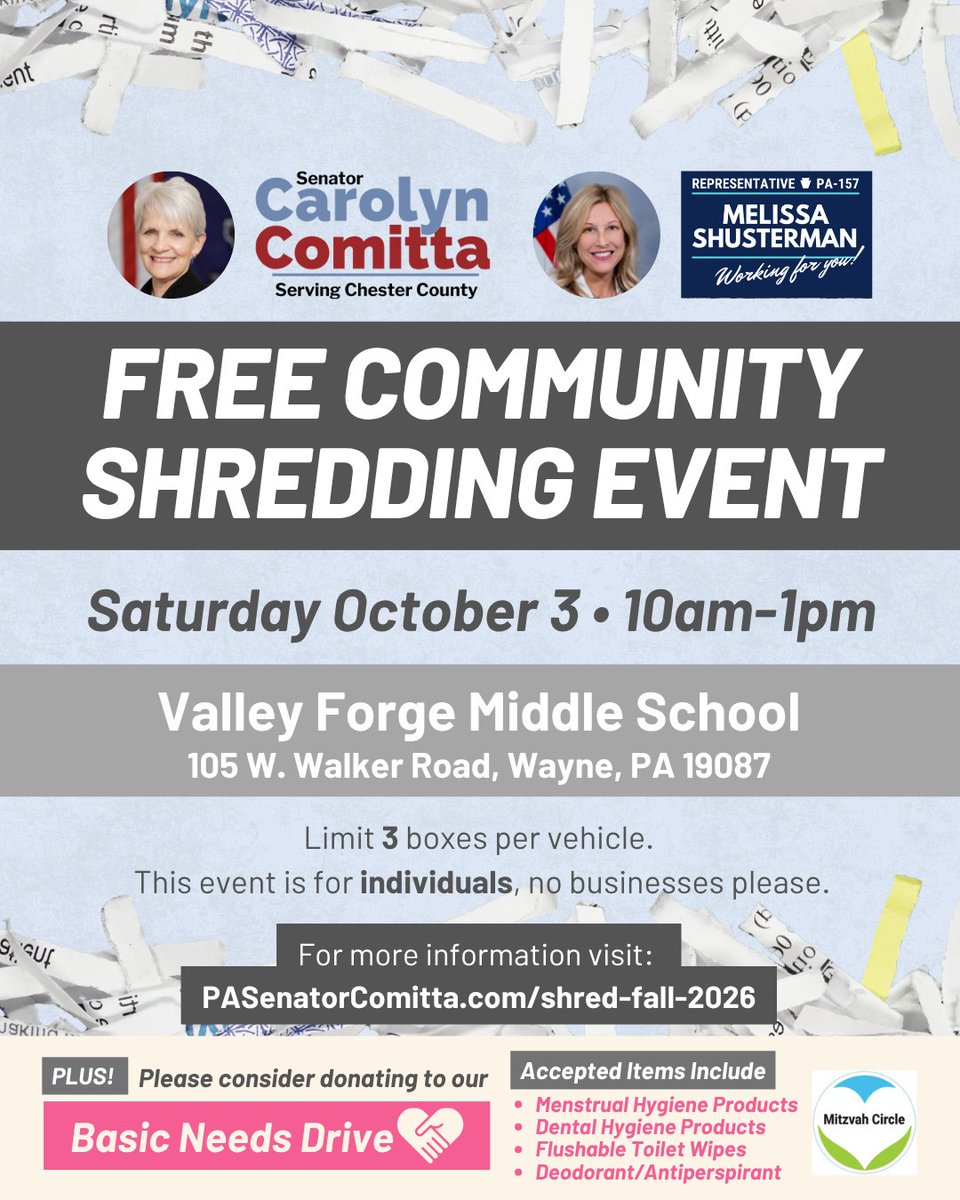 RepShusterman's tweet photo. FREE SHREDDING EVENT THIS WEEK - Saturday, October 4th @senatorcomitta and I will be holding a FREE shredding event for our constituents to dispose of unwanted documents securely! We will also be collecting items for @mitzvahcircle. https://t.co/FNghsfJEZA