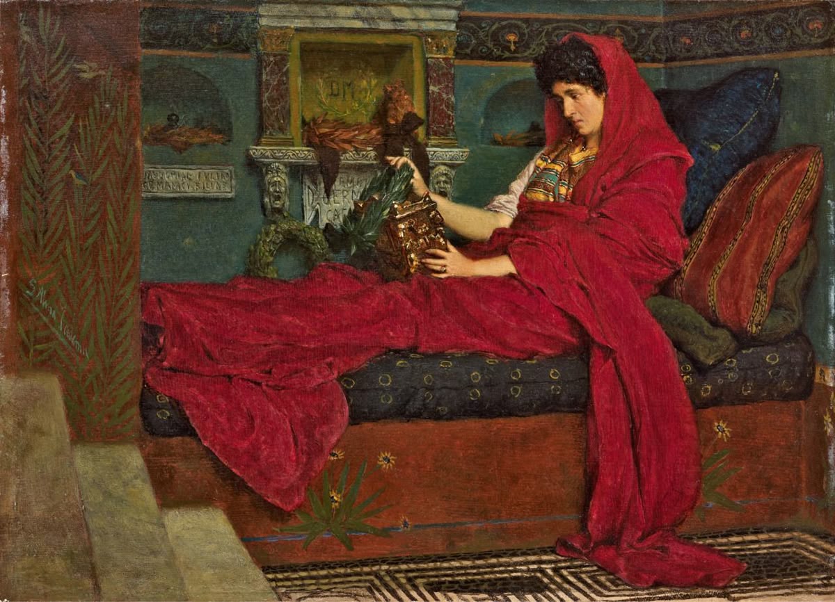 relicmuseum's tweet photo. After the death of her husband, the Roman general Germanicus, Agrippina the Elder personally carried his ashes back toward Rome. She never stopped mourning him.

~Agrippina with the ashes of Germanicus (1866), Sir Lawrence Alma-Tadema https://t.co/R09LhVstf9