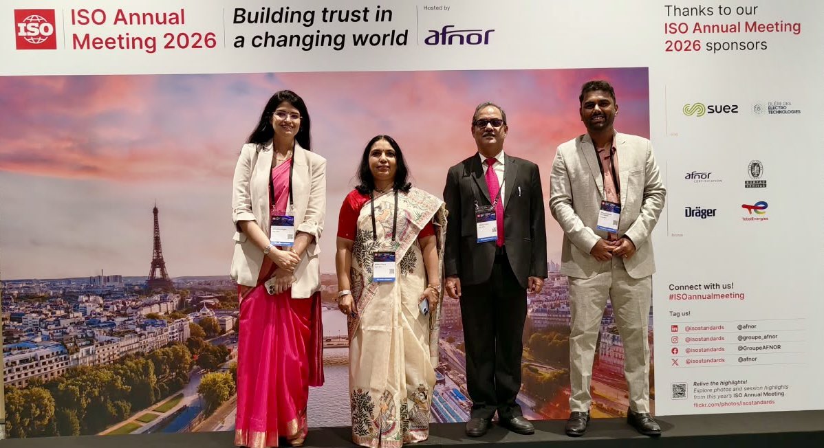 IndianStandards's tweet photo. The Indian delegation is participating in the ISO Annual Meeting 2026, being held from 28 September to 2 October 2026 at CNIT Forest, La Défense, Paris, France, under the theme “Building Trust in a Changing World.”

The delegation is led by Smt. Nidhi Khare, Secretary, Department of Consumer Affairs, and comprises Shri Sanjay Garg, Director General, Bureau of Indian Standards (BIS); Smt. Nitasha Doger, Scientist-E and Head, International Relations Department, BIS; and Shri Dharamsoth Santhosh, Scientist-D, International Relations Department, BIS.

The ISO Annual Meeting brings together national standards bodies, policymakers, industry leaders, technical experts and other stakeholders from across the world to discuss how International Standards can strengthen cooperation, enable responsible innovation and address emerging global challenges.

The 2026 programme focuses particularly on People & Planet, Emerging Technology & AI, and Trade & Development, with discussions covering trust, sustainability, cybersecurity, artificial intelligence, resilient trade and digital transformation.

On the sidelines of the ISO Annual Meeting, BIS held a bilateral meeting with the British Standards Institution (BSI) on 28 September 2026 to explore opportunities for strengthening cooperation in standardisation.

Key areas discussed included:
🔹 MoU on cooperation in standardization and avenues for further strengthening institutional collaboration.
🔹 Emerging areas for standardization, including Green Energy, Electric Vehicles (EVs), Artificial Intelligence (AI), water resource infrastructure and other technologies shaping the future.
🔹 Technical cooperation and exchange of expertise in areas of mutual interest.
🔹 Support and cooperation for New Work Item Proposals (NWIPs) proposed by India, with a view to enhancing India's contribution to the development of international standards.

The first day concluded with the Opening Ceremony of ISO Annual Meeting 2026, setting the tone for a week of dialogue and collaboration on the role of standards in building trust and addressing global challenges and Welcome Reception, providing an opportunity for delegates from national standards bodies and other stakeholder organizations to connect, exchange perspectives and strengthen international partnerships.

@isostandards @jagograhakjago @MEAIndia @inidhikhare @PIB_India @DDNewslive @airnewsalerts #BIS #ISOannualmeeting #ISOAM26