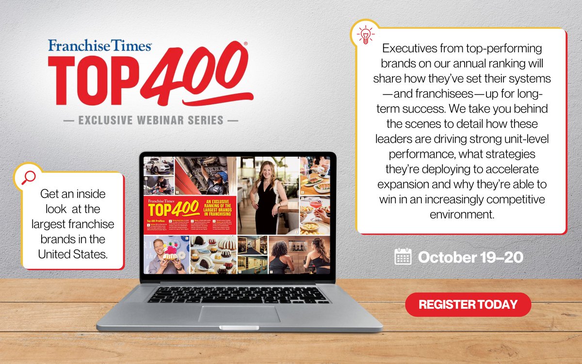 FranTimes's tweet photo. Go behind the scenes with executives from some of the largest and top-performing franchise brands in the U.S. during the Franchise Times Top 400 Exclusive Webinar Series, October 19–20. 

Register Here: https://t.co/KXN7HatFhJ https://t.co/jVuYsLy0HS