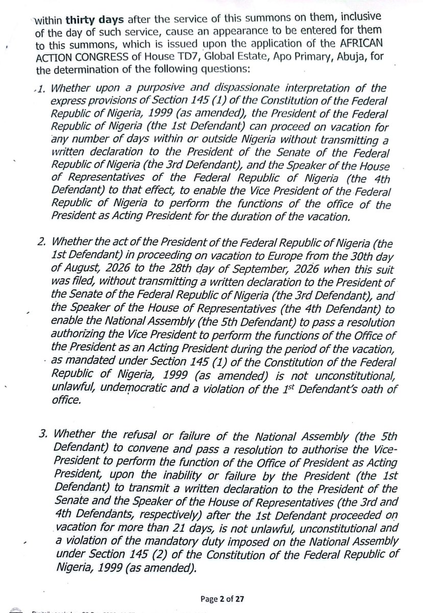 InibeheEffiong's tweet photo. AAC DRAGS TINUBU, AGF, NATIONAL ASSEMBLY TO COURT OVER REFUSAL TO HANDOVER POWER TO VP SHETTIMA DURING VACATION 

The African Action Congress (AAC) has filed a lawsuit at the Federal High Court in Abuja challenging President Bola Tinubu’s refusal to handover power to the Vice President, Kashim Shettima, during his vacation to Europe.

The suit was filed on behalf of the party through an Originating Summons on Monday, 28th September, 2026 by the National Legal Adviser of the AAC and Lagos-based human rights lawyer, Inibehe Effiong.

Effiong is seeking a declaration that President Tinubu’s failure or refusal to transmit a written declaration to the President of the Senate and the Speaker of the House of Representatives to enable the National Assembly to pass a resolution to authorise the Vice-President, Kashim Shettima, to perform the functions of the office of President as Acting President is undemocratic, unlawful and a violation of Section 145(1) of the 1999 Constitution (as amended).

The Party is equally asking the Court to declare that the failure of the National Assembly to pass a resolution to enable Mr. Shettima to become the Acting President after Tinubu’s vacation exceeded 21 days is unconstitutional.

The AAC also prayed the court to issue an order of perpetual injunction restraining President Tinubu and future Presidents from proceeding on vacation without complying with the provisions of Section 145(1) of the 1999 Constitution (as amended).

In a 30-paragraph affidavit deposed to by the National Secretary of the AAC, Mr. Oshiokhue Philip Ikpeminoghena, the party said that President Tinubu travelled out of the country on vacation on 30th August, 2026 and announced an extension of his vacation on 21st September, 2026 without offering any cogent reason.

In the affidavit, the party’s scribe said that the Senate President, Senator Godswill Obot Akpabio, instead of discharging his constitutional duties, announced gleefully that he had gone to the Prayer Ground of St. Padre Pio in San Giovanni Rotondo, Italy, to pray for the country.

Joined as Defendants in the suit marked FHC/ABJ/CS/2353/2026 alongside President Tinubu are the Attorney General of the Federation, Lateef Fagbemi SAN, the Senate President, Senator Godswill Akpabio, the Speaker of the House of Representatives, Hon. Tajudeen Abass and the National Assembly.

The 2027 presidential candidate of the party, Omoyele Sowore, was in court to witness the filing of the suit.

No date has been given for the hearing of the suit.