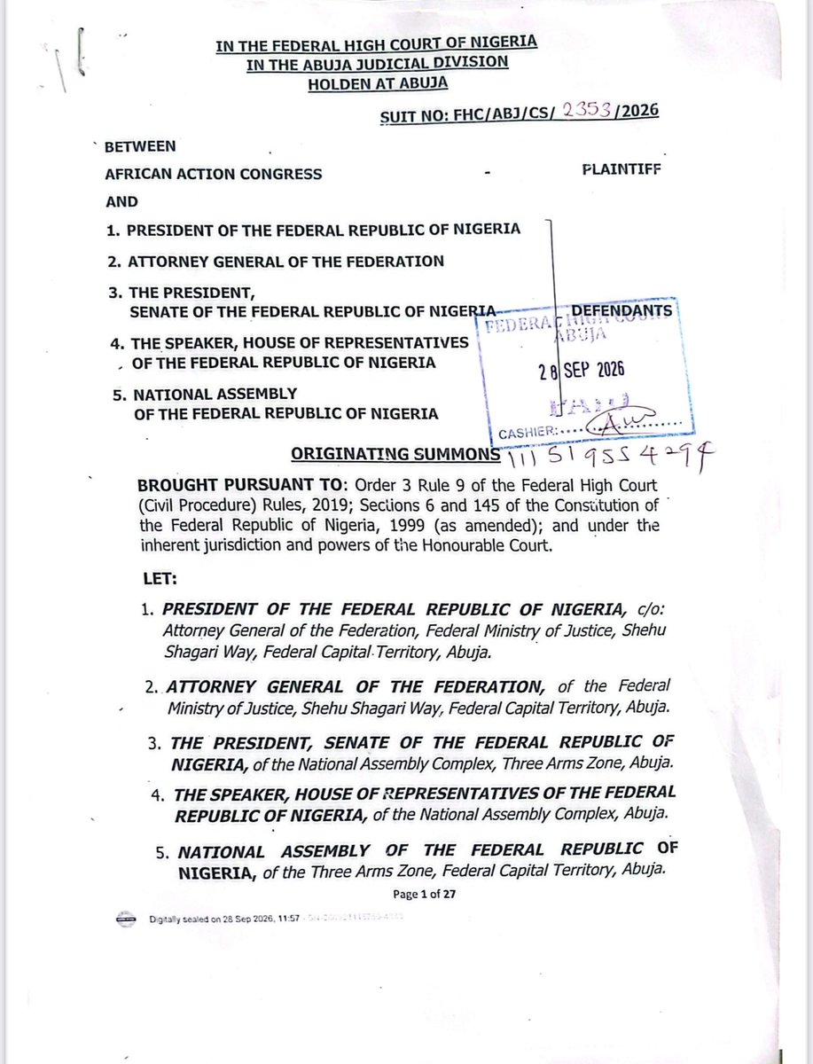 InibeheEffiong's tweet photo. AAC DRAGS TINUBU, AGF, NATIONAL ASSEMBLY TO COURT OVER REFUSAL TO HANDOVER POWER TO VP SHETTIMA DURING VACATION 

The African Action Congress (AAC) has filed a lawsuit at the Federal High Court in Abuja challenging President Bola Tinubu’s refusal to handover power to the Vice President, Kashim Shettima, during his vacation to Europe.

The suit was filed on behalf of the party through an Originating Summons on Monday, 28th September, 2026 by the National Legal Adviser of the AAC and Lagos-based human rights lawyer, Inibehe Effiong.

Effiong is seeking a declaration that President Tinubu’s failure or refusal to transmit a written declaration to the President of the Senate and the Speaker of the House of Representatives to enable the National Assembly to pass a resolution to authorise the Vice-President, Kashim Shettima, to perform the functions of the office of President as Acting President is undemocratic, unlawful and a violation of Section 145(1) of the 1999 Constitution (as amended).

The Party is equally asking the Court to declare that the failure of the National Assembly to pass a resolution to enable Mr. Shettima to become the Acting President after Tinubu’s vacation exceeded 21 days is unconstitutional.

The AAC also prayed the court to issue an order of perpetual injunction restraining President Tinubu and future Presidents from proceeding on vacation without complying with the provisions of Section 145(1) of the 1999 Constitution (as amended).

In a 30-paragraph affidavit deposed to by the National Secretary of the AAC, Mr. Oshiokhue Philip Ikpeminoghena, the party said that President Tinubu travelled out of the country on vacation on 30th August, 2026 and announced an extension of his vacation on 21st September, 2026 without offering any cogent reason.

In the affidavit, the party’s scribe said that the Senate President, Senator Godswill Obot Akpabio, instead of discharging his constitutional duties, announced gleefully that he had gone to the Prayer Ground of St. Padre Pio in San Giovanni Rotondo, Italy, to pray for the country.

Joined as Defendants in the suit marked FHC/ABJ/CS/2353/2026 alongside President Tinubu are the Attorney General of the Federation, Lateef Fagbemi SAN, the Senate President, Senator Godswill Akpabio, the Speaker of the House of Representatives, Hon. Tajudeen Abass and the National Assembly.

The 2027 presidential candidate of the party, Omoyele Sowore, was in court to witness the filing of the suit.

No date has been given for the hearing of the suit.