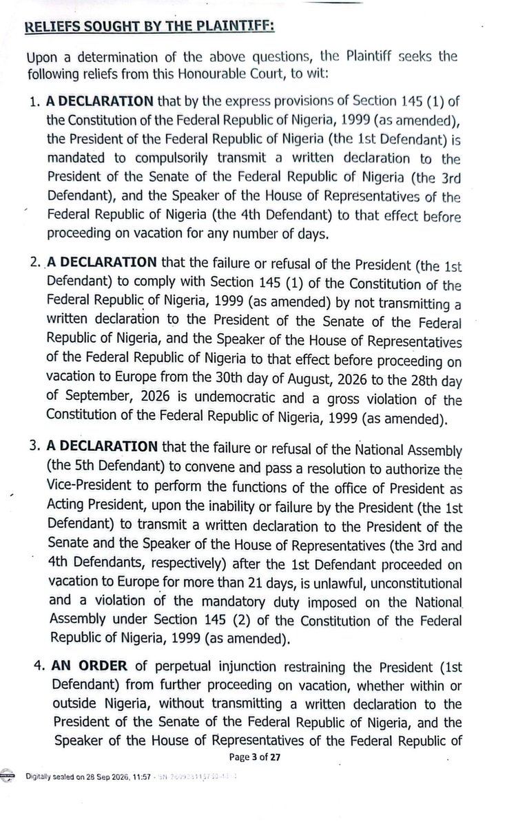 InibeheEffiong's tweet photo. AAC DRAGS TINUBU, AGF, NATIONAL ASSEMBLY TO COURT OVER REFUSAL TO HANDOVER POWER TO VP SHETTIMA DURING VACATION 

The African Action Congress (AAC) has filed a lawsuit at the Federal High Court in Abuja challenging President Bola Tinubu’s refusal to handover power to the Vice President, Kashim Shettima, during his vacation to Europe.

The suit was filed on behalf of the party through an Originating Summons on Monday, 28th September, 2026 by the National Legal Adviser of the AAC and Lagos-based human rights lawyer, Inibehe Effiong.

Effiong is seeking a declaration that President Tinubu’s failure or refusal to transmit a written declaration to the President of the Senate and the Speaker of the House of Representatives to enable the National Assembly to pass a resolution to authorise the Vice-President, Kashim Shettima, to perform the functions of the office of President as Acting President is undemocratic, unlawful and a violation of Section 145(1) of the 1999 Constitution (as amended).

The Party is equally asking the Court to declare that the failure of the National Assembly to pass a resolution to enable Mr. Shettima to become the Acting President after Tinubu’s vacation exceeded 21 days is unconstitutional.

The AAC also prayed the court to issue an order of perpetual injunction restraining President Tinubu and future Presidents from proceeding on vacation without complying with the provisions of Section 145(1) of the 1999 Constitution (as amended).

In a 30-paragraph affidavit deposed to by the National Secretary of the AAC, Mr. Oshiokhue Philip Ikpeminoghena, the party said that President Tinubu travelled out of the country on vacation on 30th August, 2026 and announced an extension of his vacation on 21st September, 2026 without offering any cogent reason.

In the affidavit, the party’s scribe said that the Senate President, Senator Godswill Obot Akpabio, instead of discharging his constitutional duties, announced gleefully that he had gone to the Prayer Ground of St. Padre Pio in San Giovanni Rotondo, Italy, to pray for the country.

Joined as Defendants in the suit marked FHC/ABJ/CS/2353/2026 alongside President Tinubu are the Attorney General of the Federation, Lateef Fagbemi SAN, the Senate President, Senator Godswill Akpabio, the Speaker of the House of Representatives, Hon. Tajudeen Abass and the National Assembly.

The 2027 presidential candidate of the party, Omoyele Sowore, was in court to witness the filing of the suit.

No date has been given for the hearing of the suit.