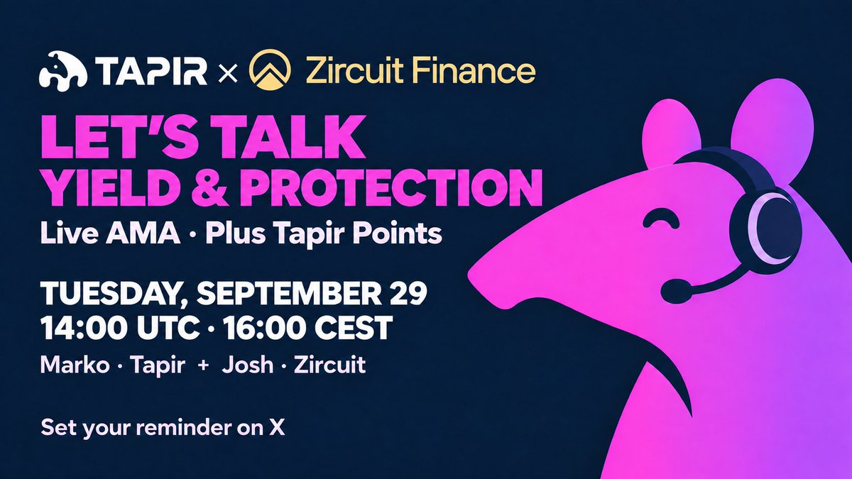 Tapir_Protocol's tweet photo. Tomorrow: Tapir × @Zircuit 🎙️
Join @markoinether  and @0xJosh0x  to talk yield, depeg protection and Tapir Points. Bring your questions!
🗓 September 29 · 14:00 UTC / 16:00 CEST
Set your reminder 👇
https://t.co/OQHIZ42EX9 https://t.co/EJxsR4ErDo