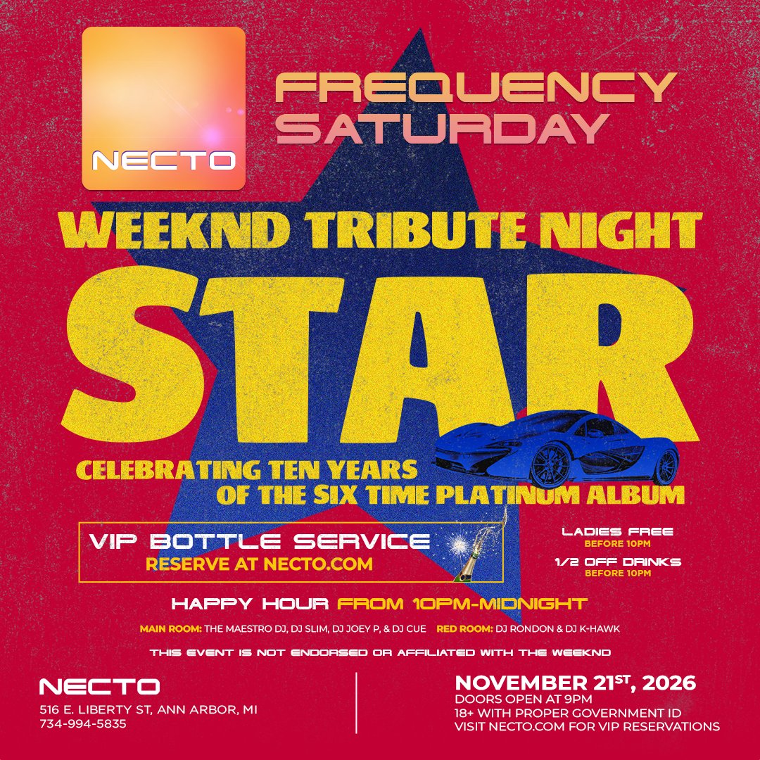 Necto's tweet photo. The Weeknd’s Starboy turns 10 years old this November and the hits still hit! 💫

Come celebrate the 6 time platinum album by partying to the music of one of pop’s most beloved acts. ✨

You know you are a star, girl! Ladies get in free before 10PM! 👀 https://t.co/4JTTdG5Ypo