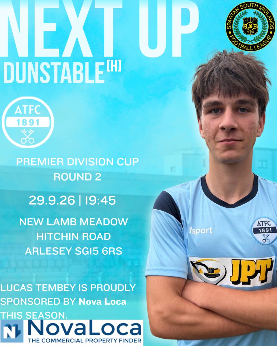 ArleseyTownFC's tweet photo. ⚽️ TOMORROW MATCHDAY ⚽️

We host @DunstableFC in the Premier Division Cup Round 2 🩵🏆

🆚 Dunstable 
🏆 Premier Division Cup Round 2  
🗓️ Tuesday 29th September 2026
🕒 19:45Kick off
🏟️ New Lamb Meadow | SG15 6RS

Tickets 🎟️ 🔗 https://t.co/tI1b8fKuJW https://t.co/3q0R0hPrQo