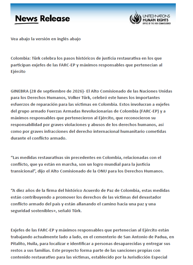 ONUHumanRights's tweet photo. 🔵#Comunicado “Las medidas restaurativas sin precedentes en Colombia, relacionadas con el conflicto, que ya están en marcha, son un logro mundial para la justicia transicional”, dijo hoy el Alto Comisionado de la ONU para los Derechos Humanos, @volker_turk 
Lee su pronunciamiento completo 👇👇
https://t.co/L23afqAzQo
@JEP_Colombia 
@UBPDcolombia
